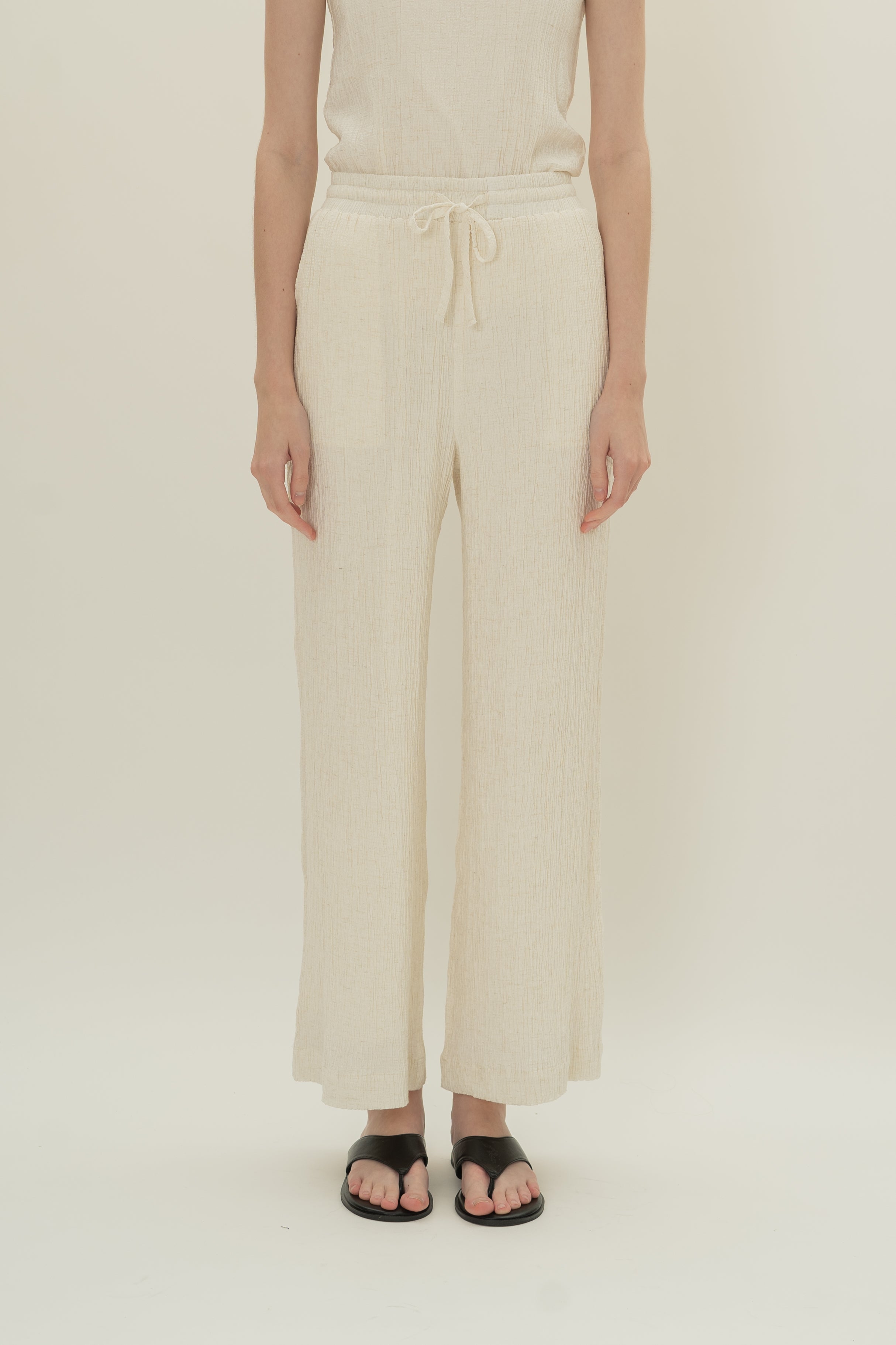 Cotton Blend Textured Drawstring Pants in White