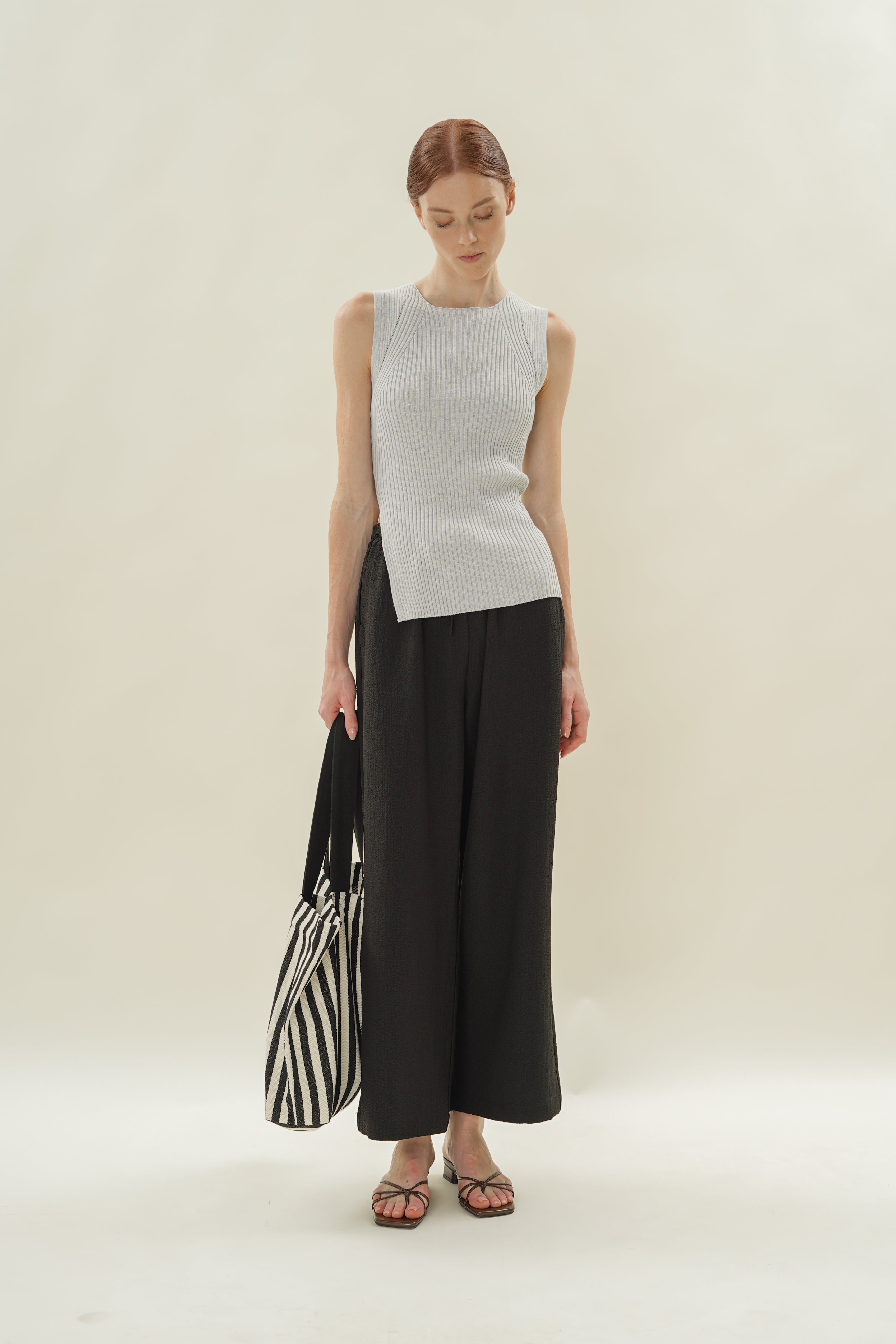 Sleeveless Rib Knit Top With Slit in Heather Grey