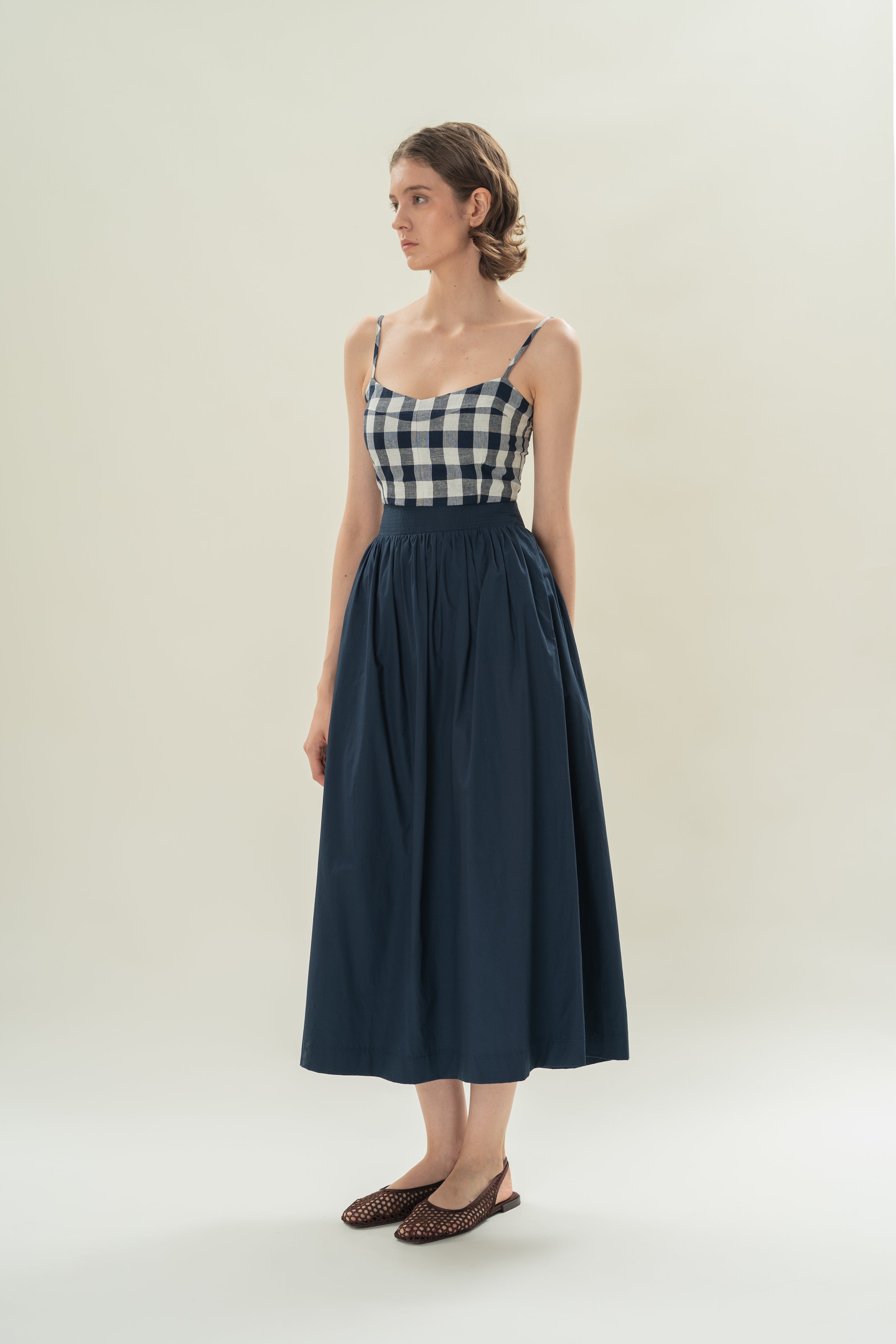 Stitched Waistband Gathered Midi Skirt in Midnight