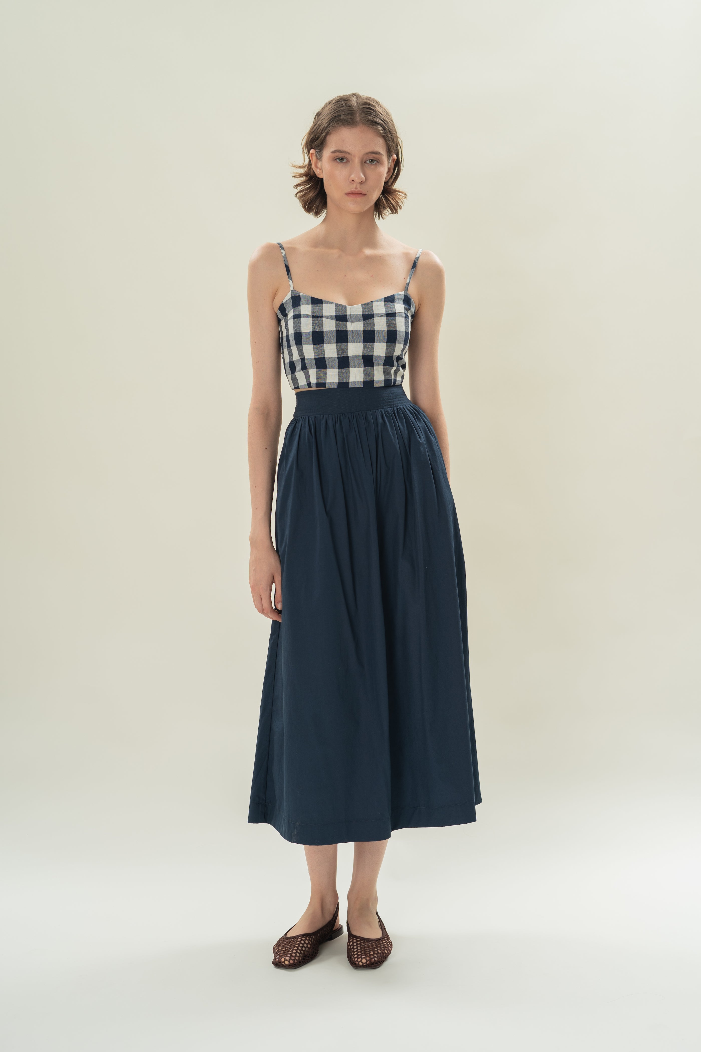 Stitched Waistband Gathered Midi Skirt in Midnight