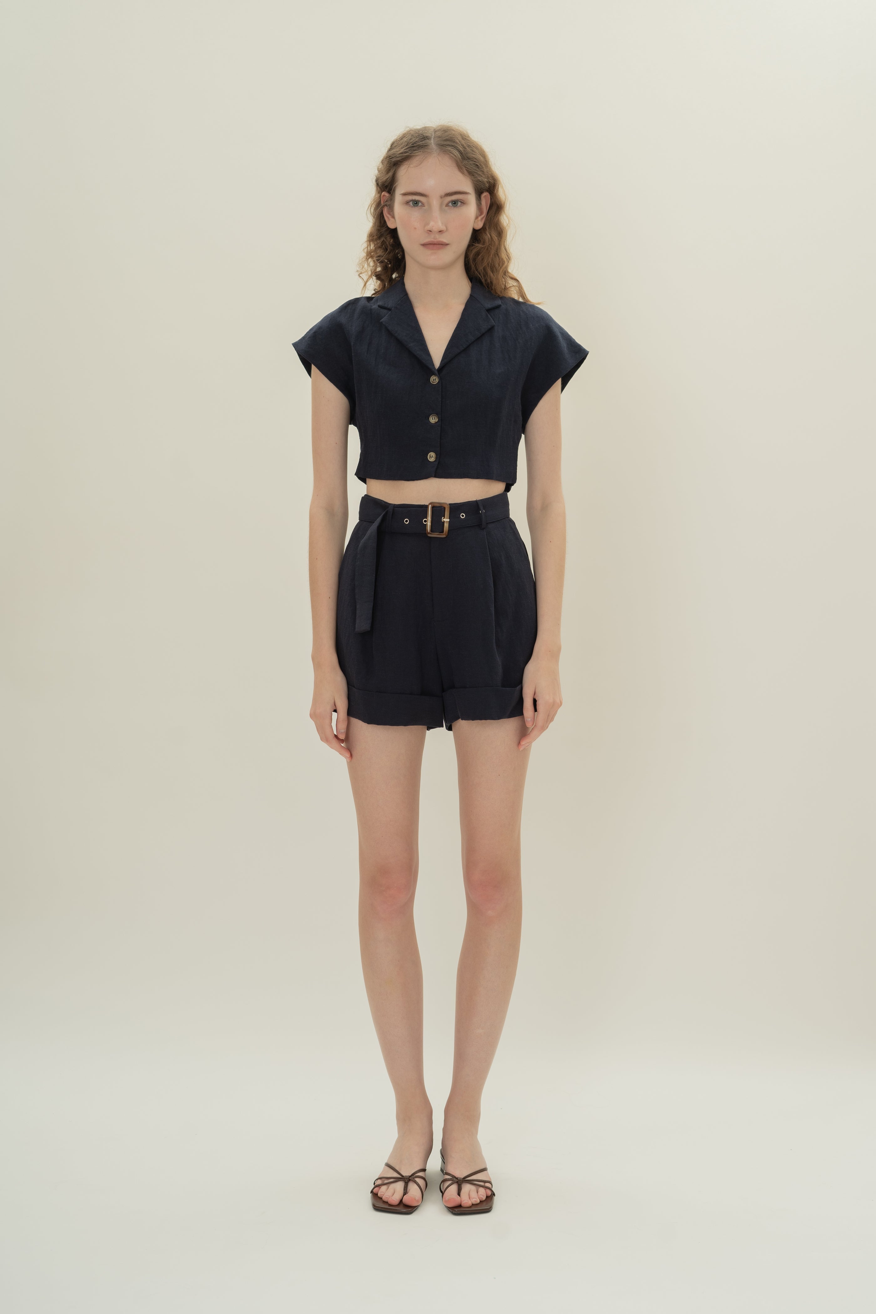Belted Pleated Shorts in Dark Navy