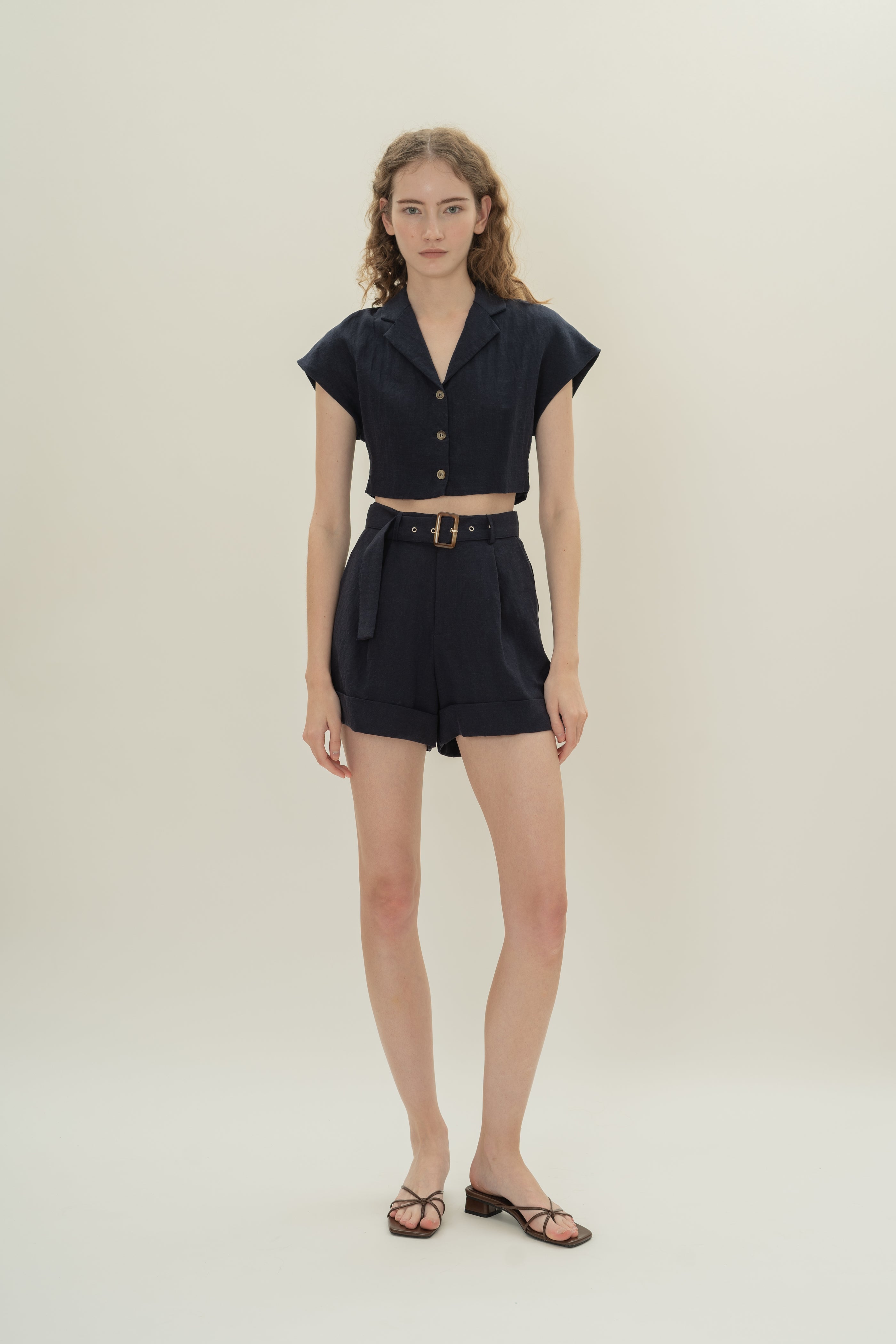 Belted Pleated Shorts in Dark Navy