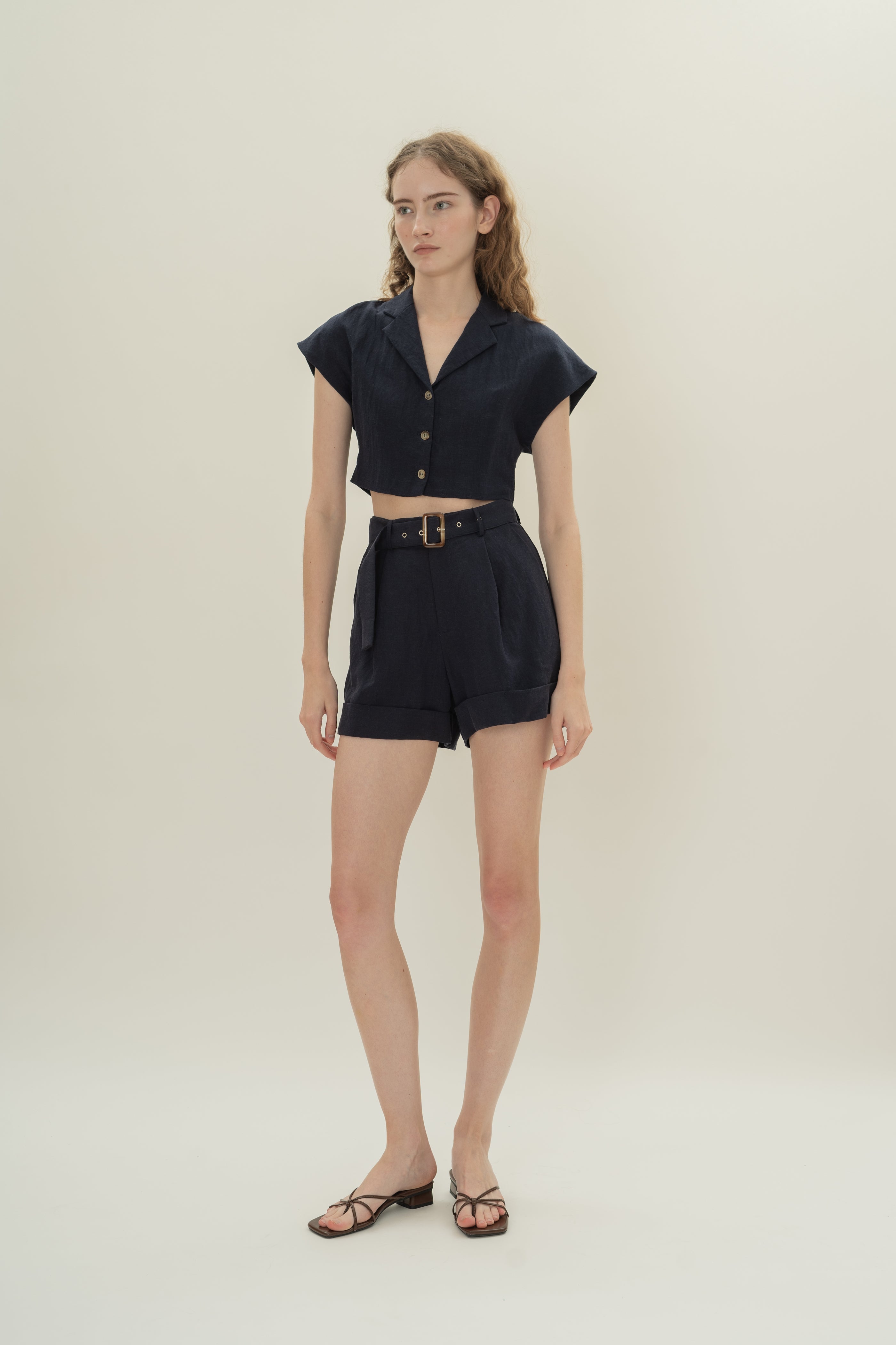 Belted Pleated Shorts in Dark Navy