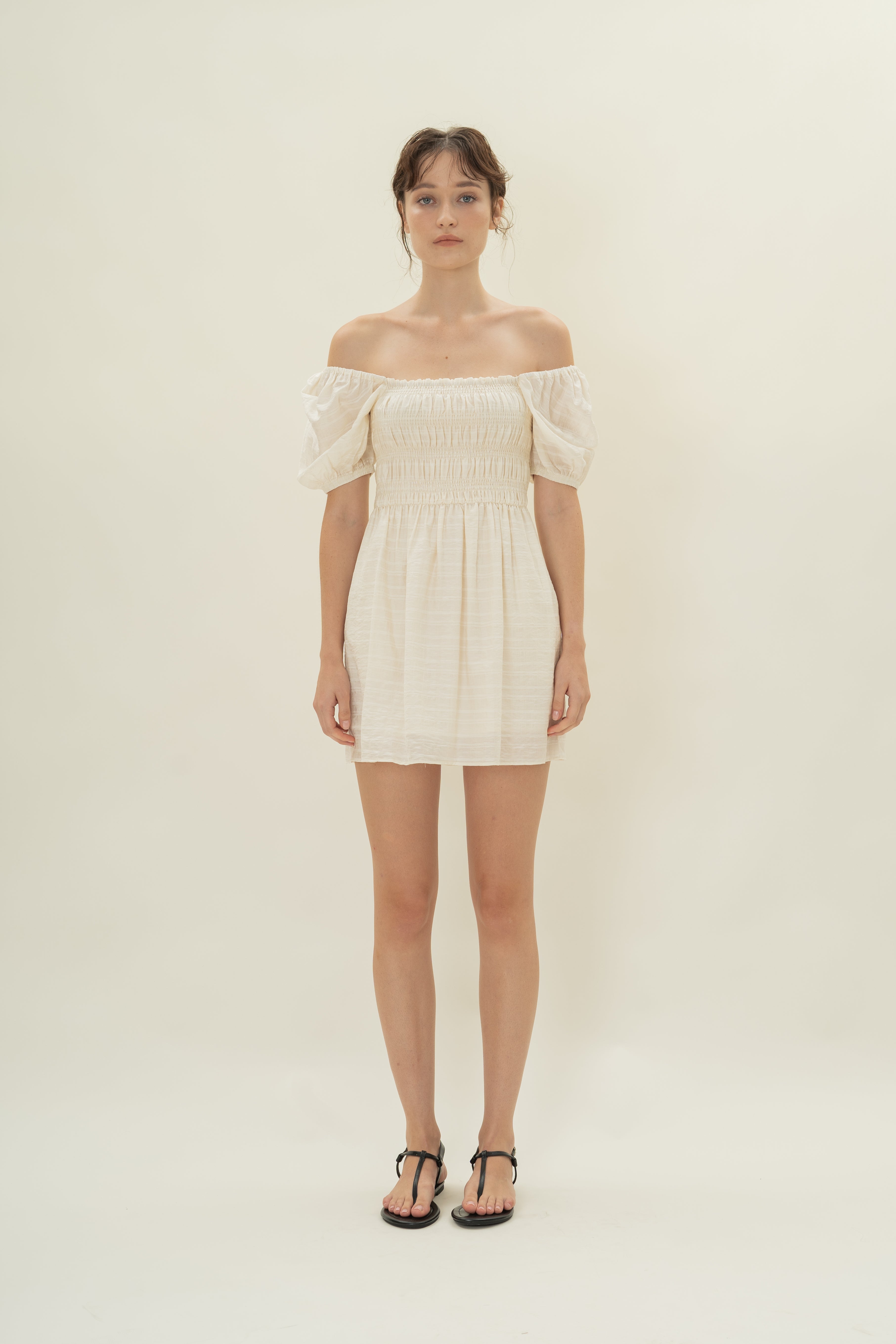 Puff Sleeve Shirred Mini Dress in Natural
