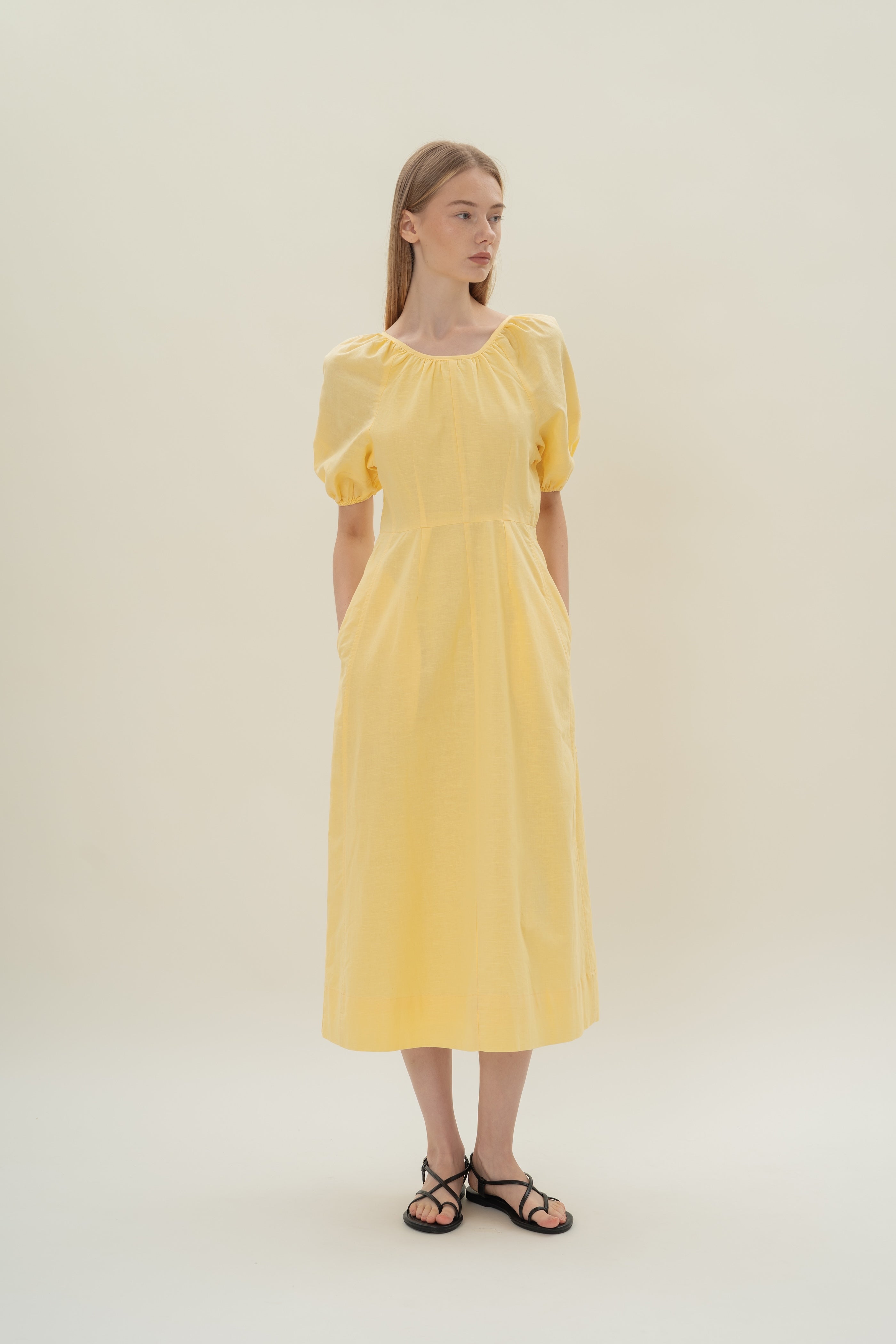 Linen Scoop Back Dress in Lemon