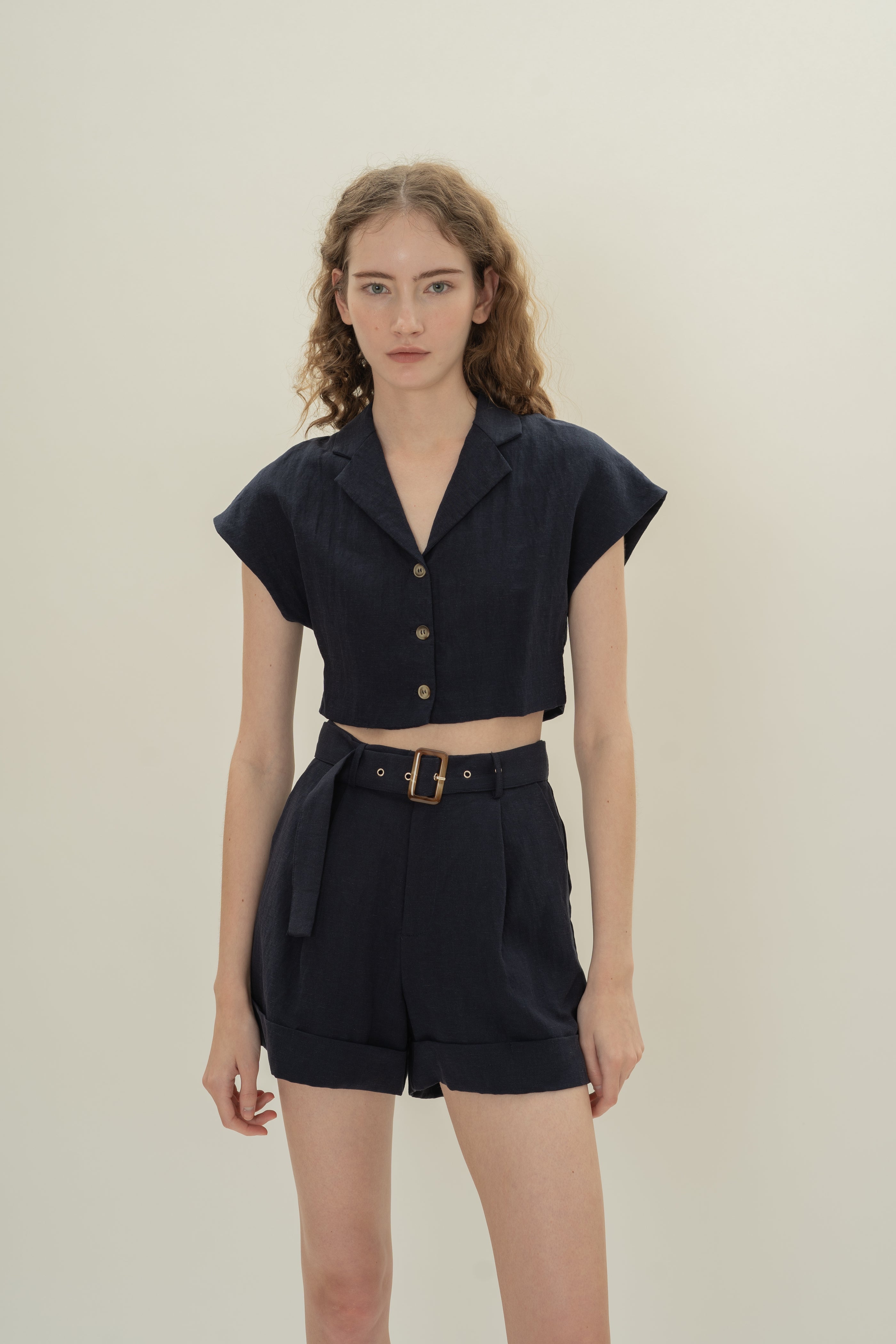 Belted Pleated Shorts in Dark Navy