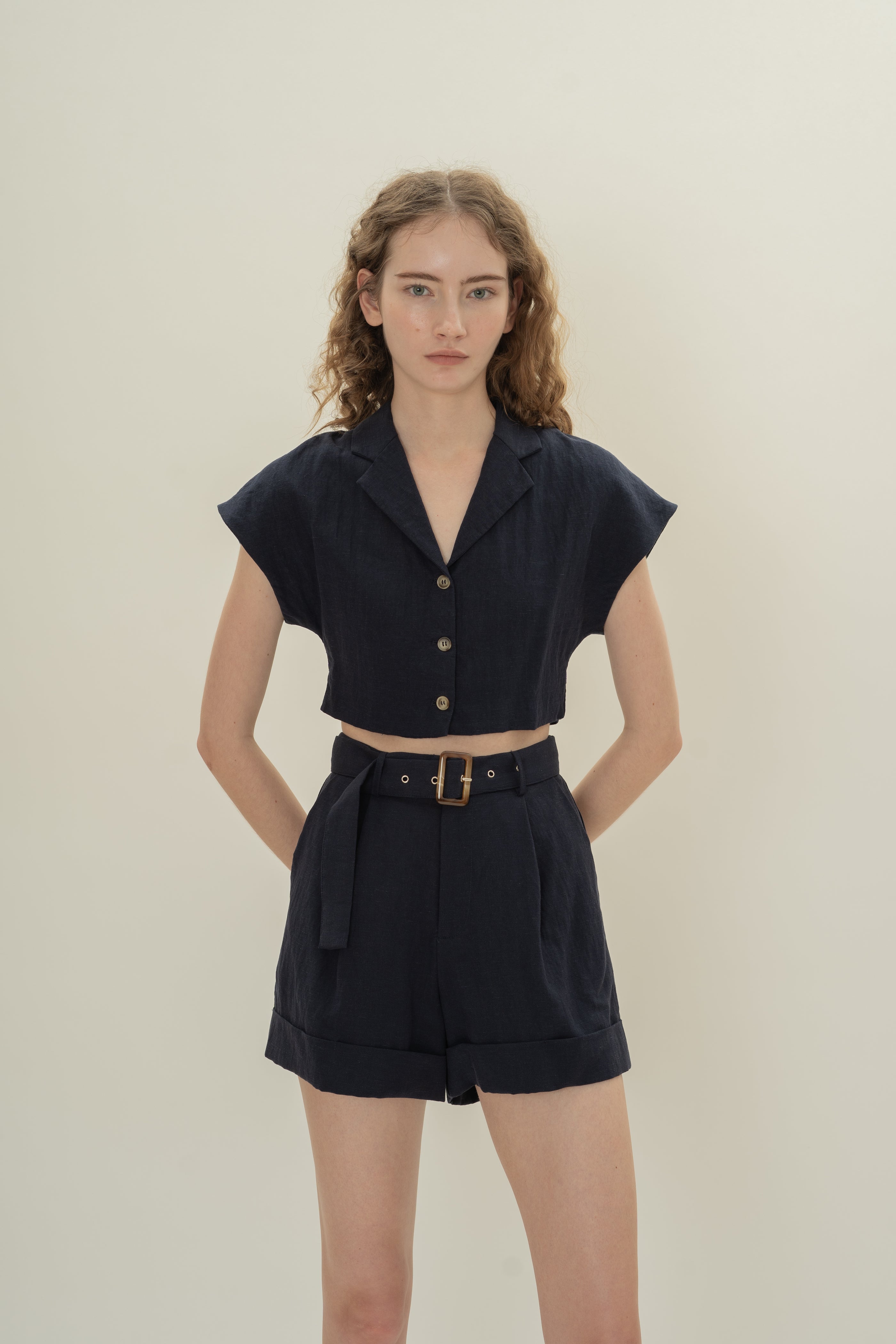 Belted Pleated Shorts in Dark Navy