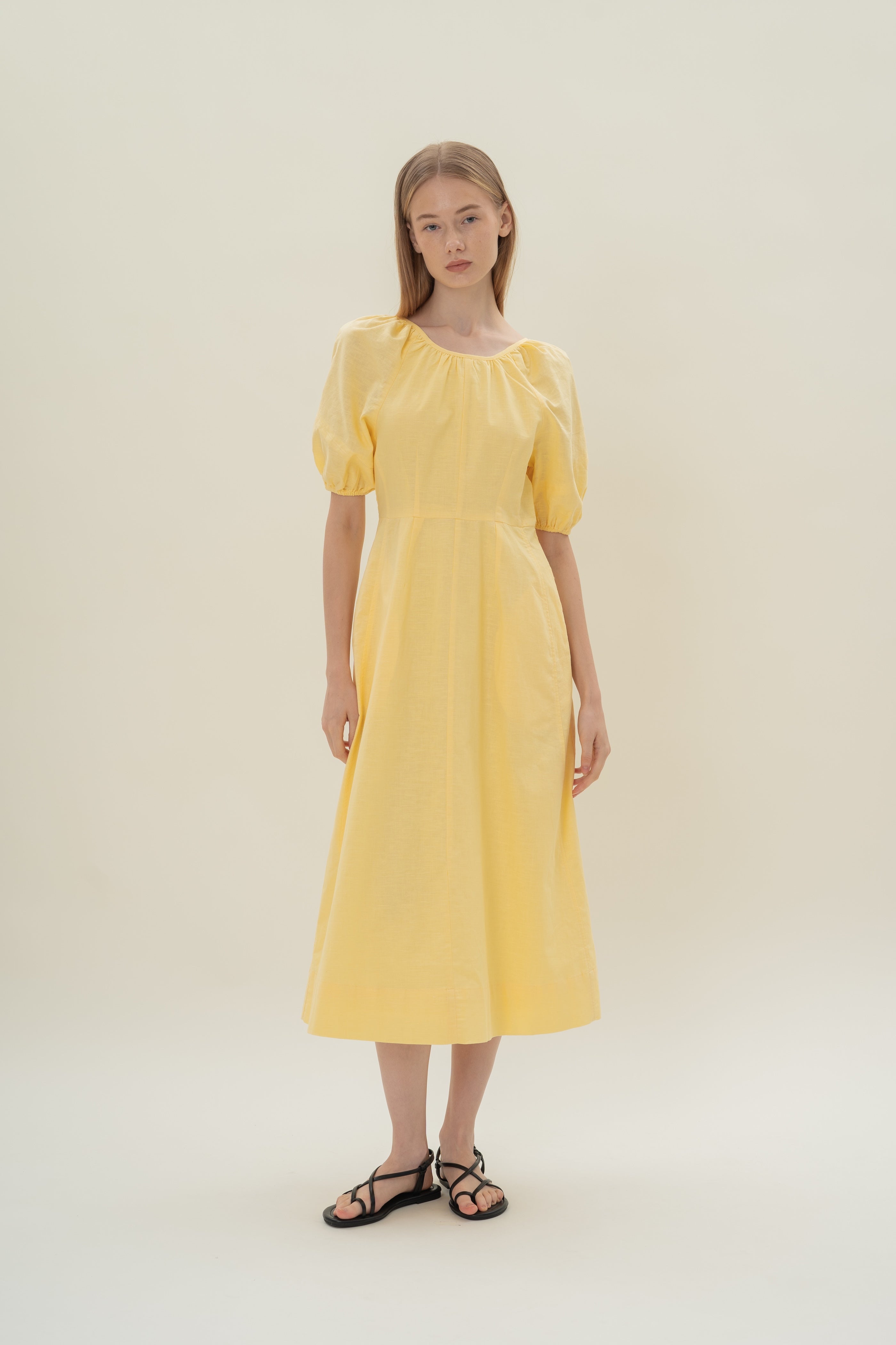 Linen Scoop Back Dress in Lemon