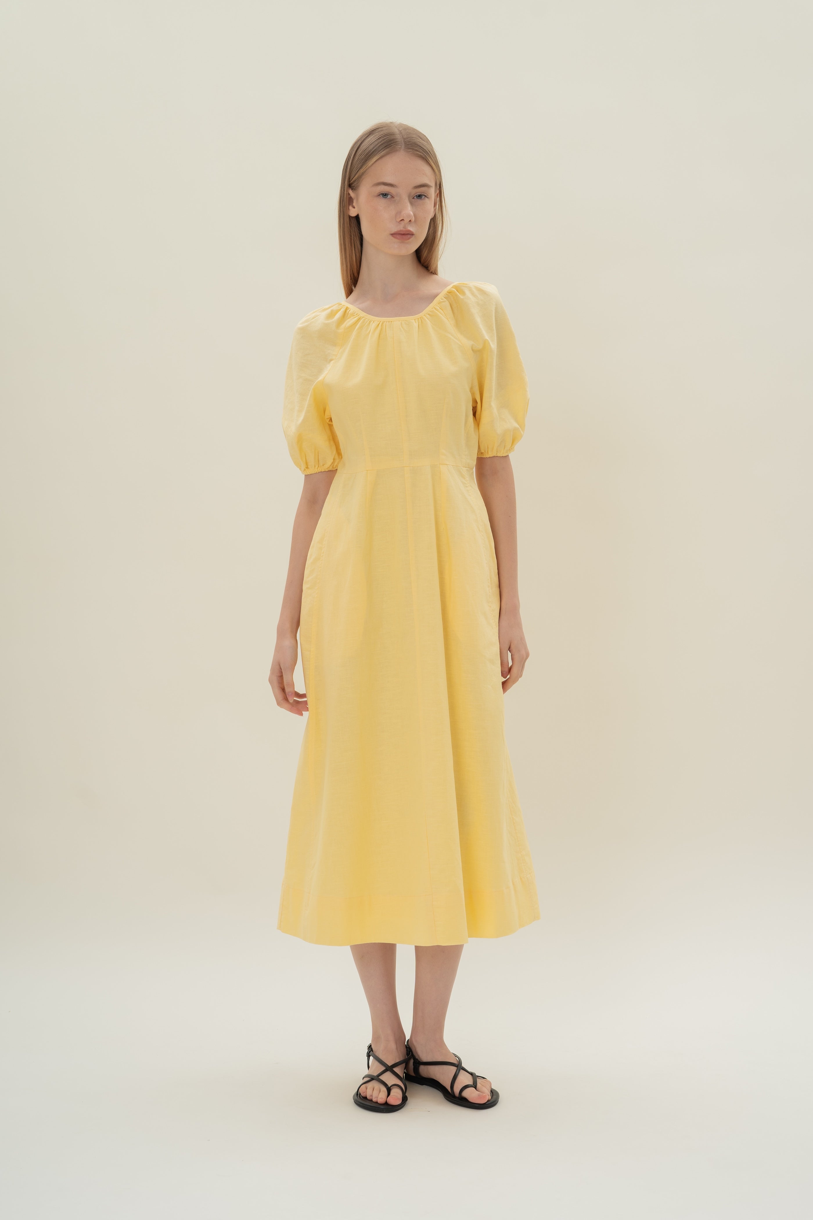 Linen Scoop Back Dress in Lemon