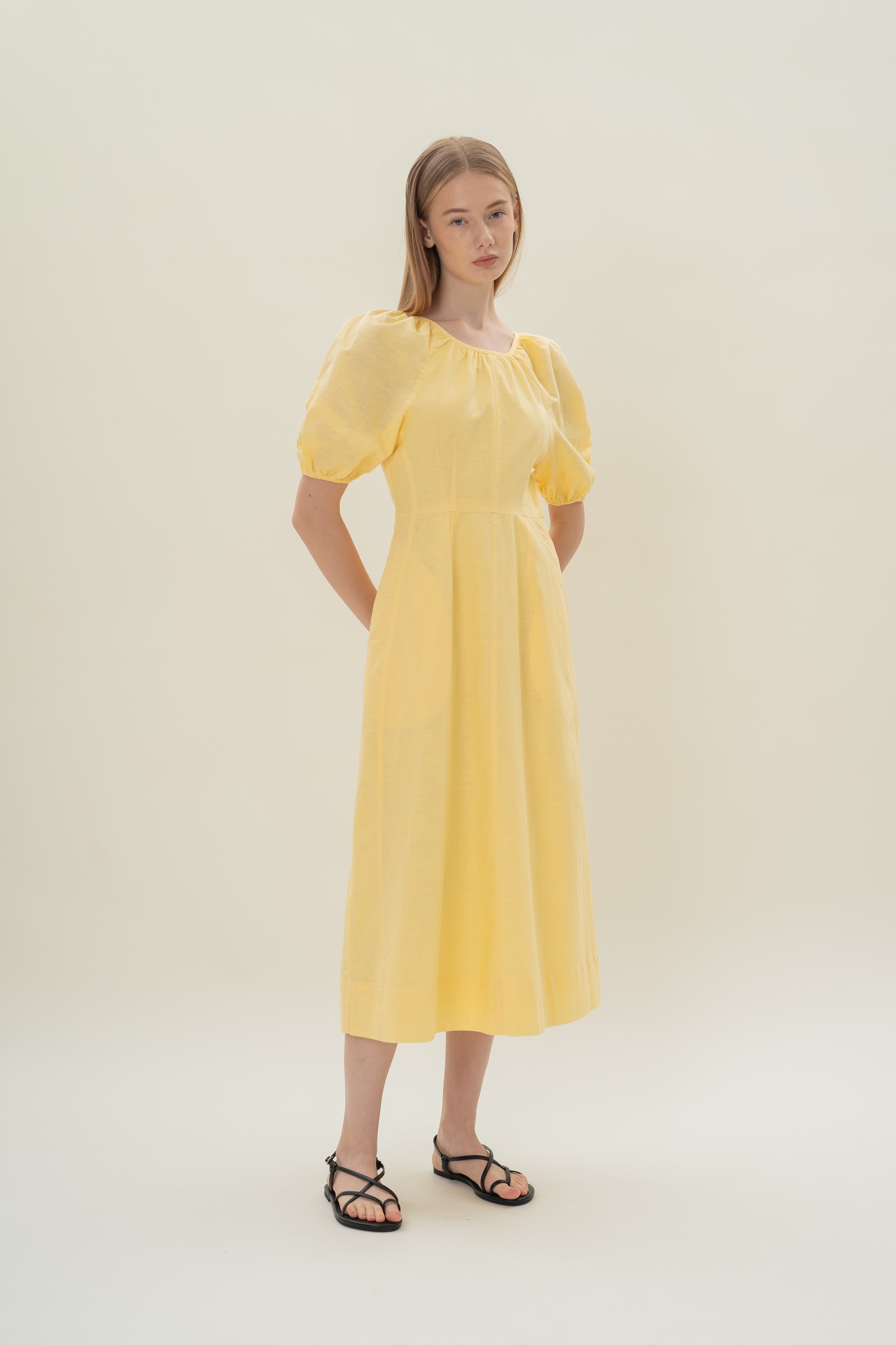 Linen Scoop Back Dress in Lemon