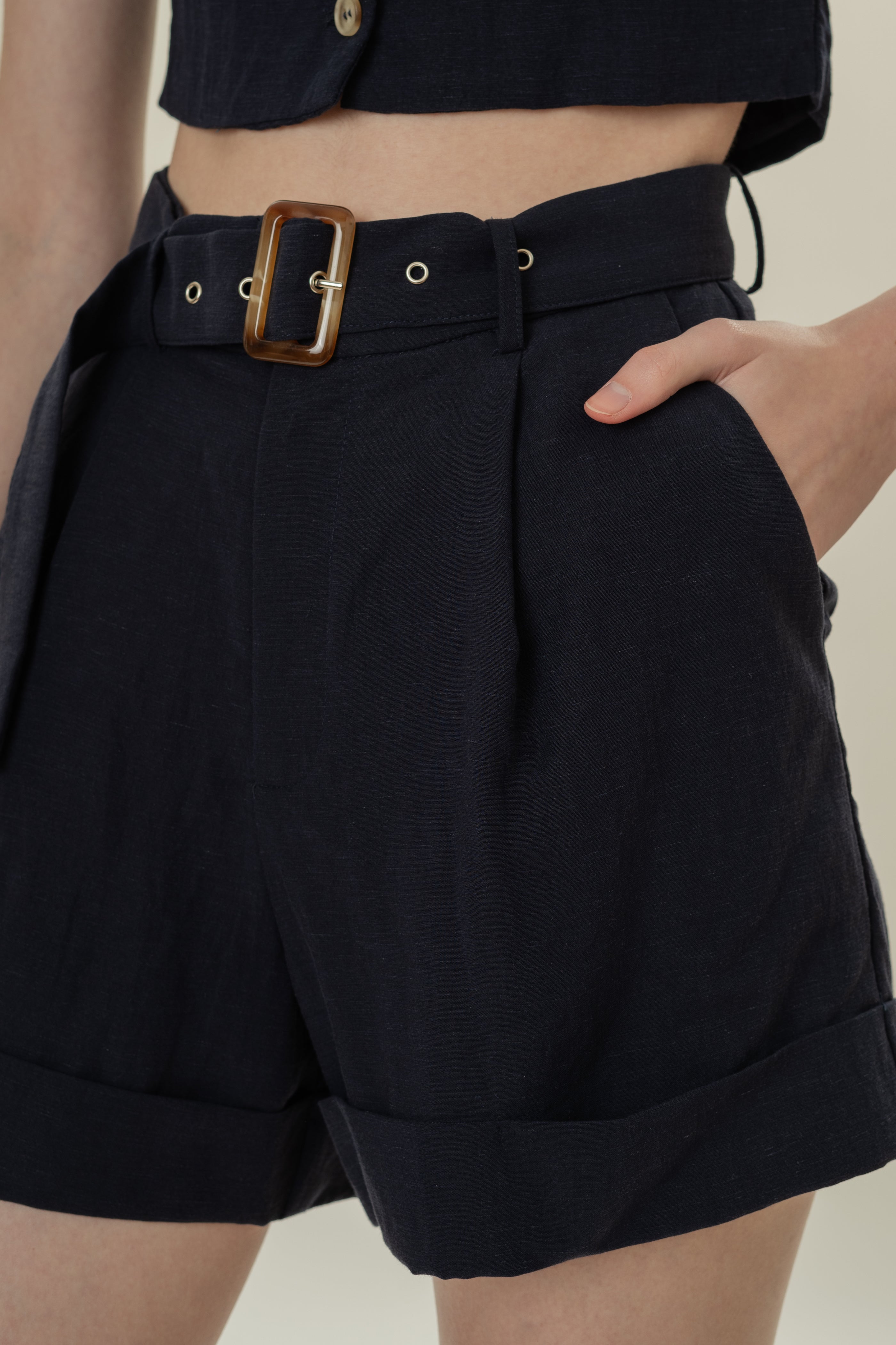 Belted Pleated Shorts in Dark Navy