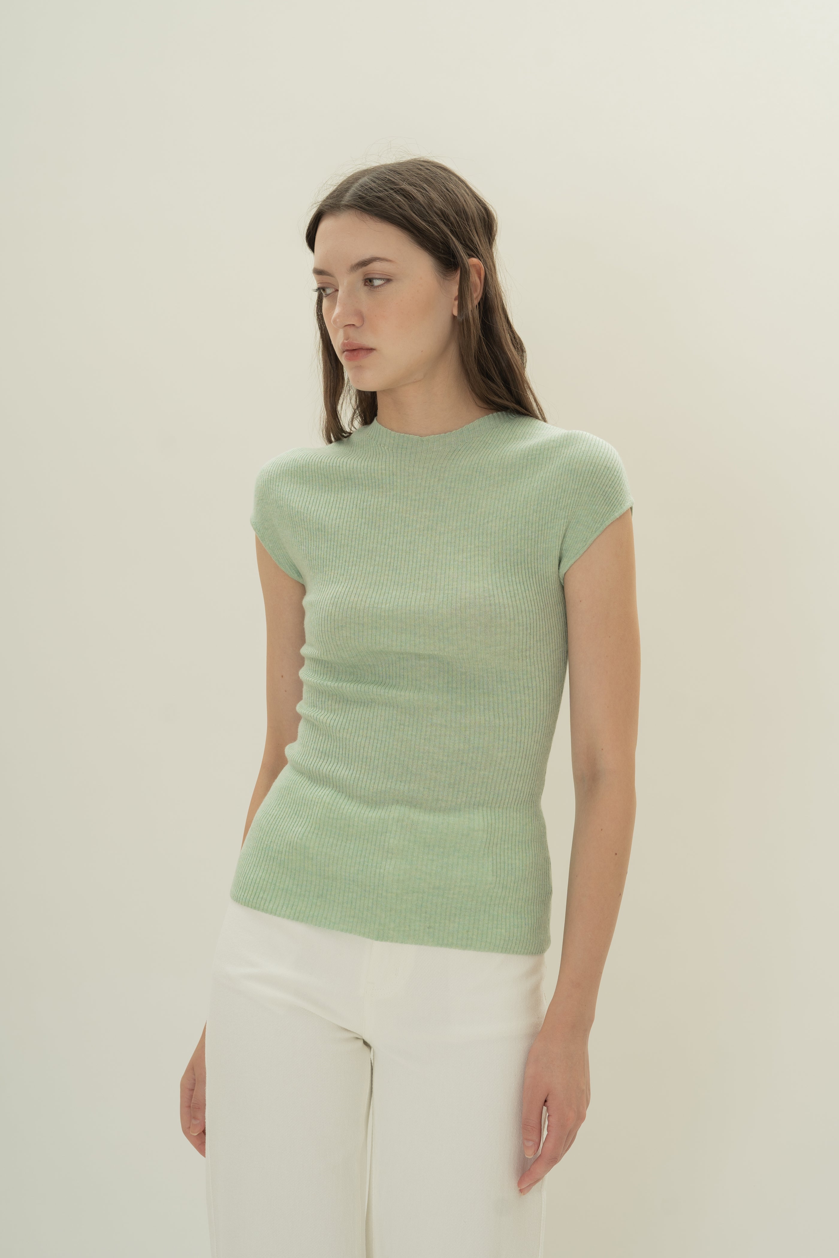 Knitted Cap Sleeve Fitted Top in Seafoam