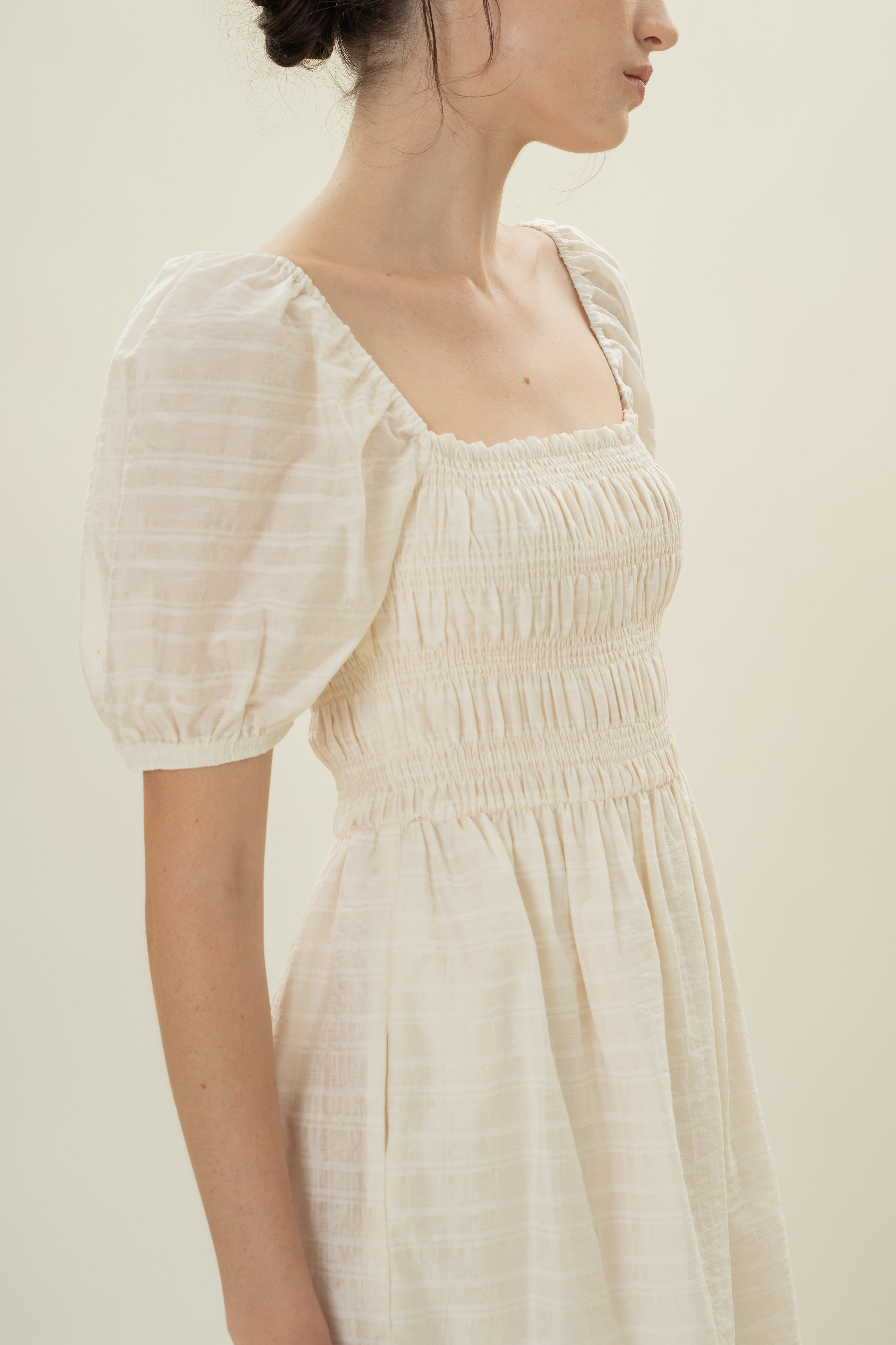 Puff Sleeve Shirred Mini Dress in Natural