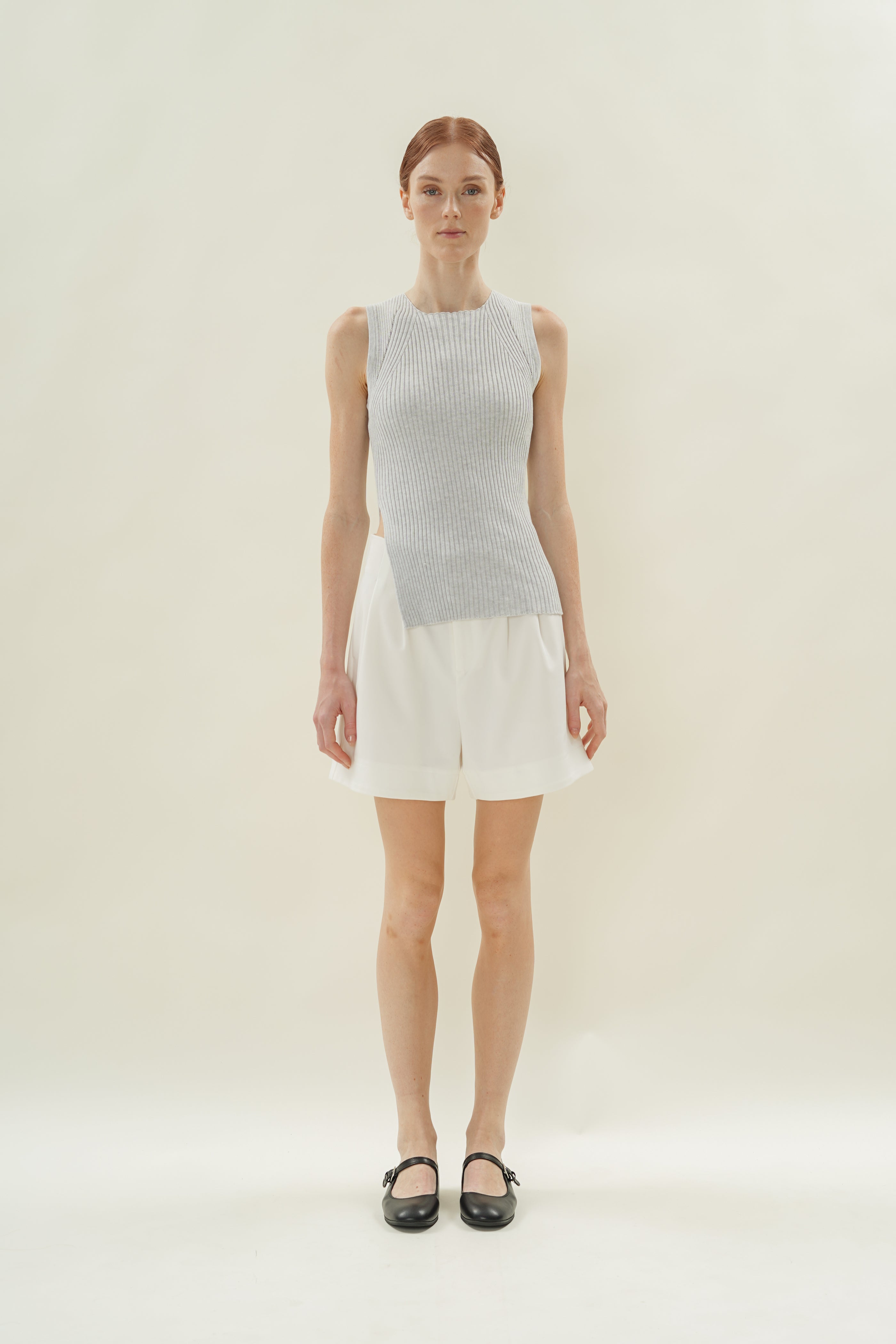 Cotton Blend Pleated Shorts in White
