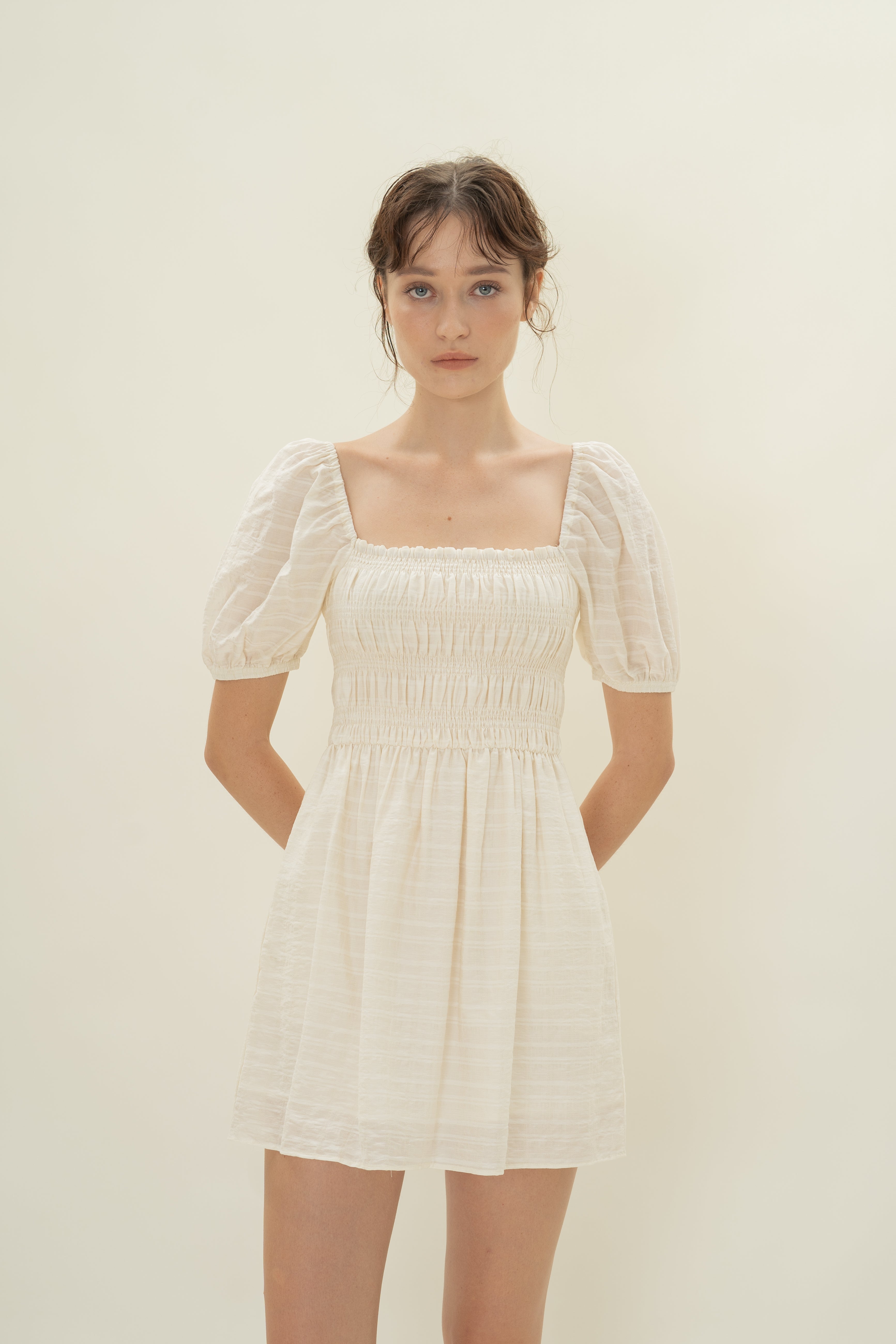 Puff Sleeve Shirred Mini Dress in Natural