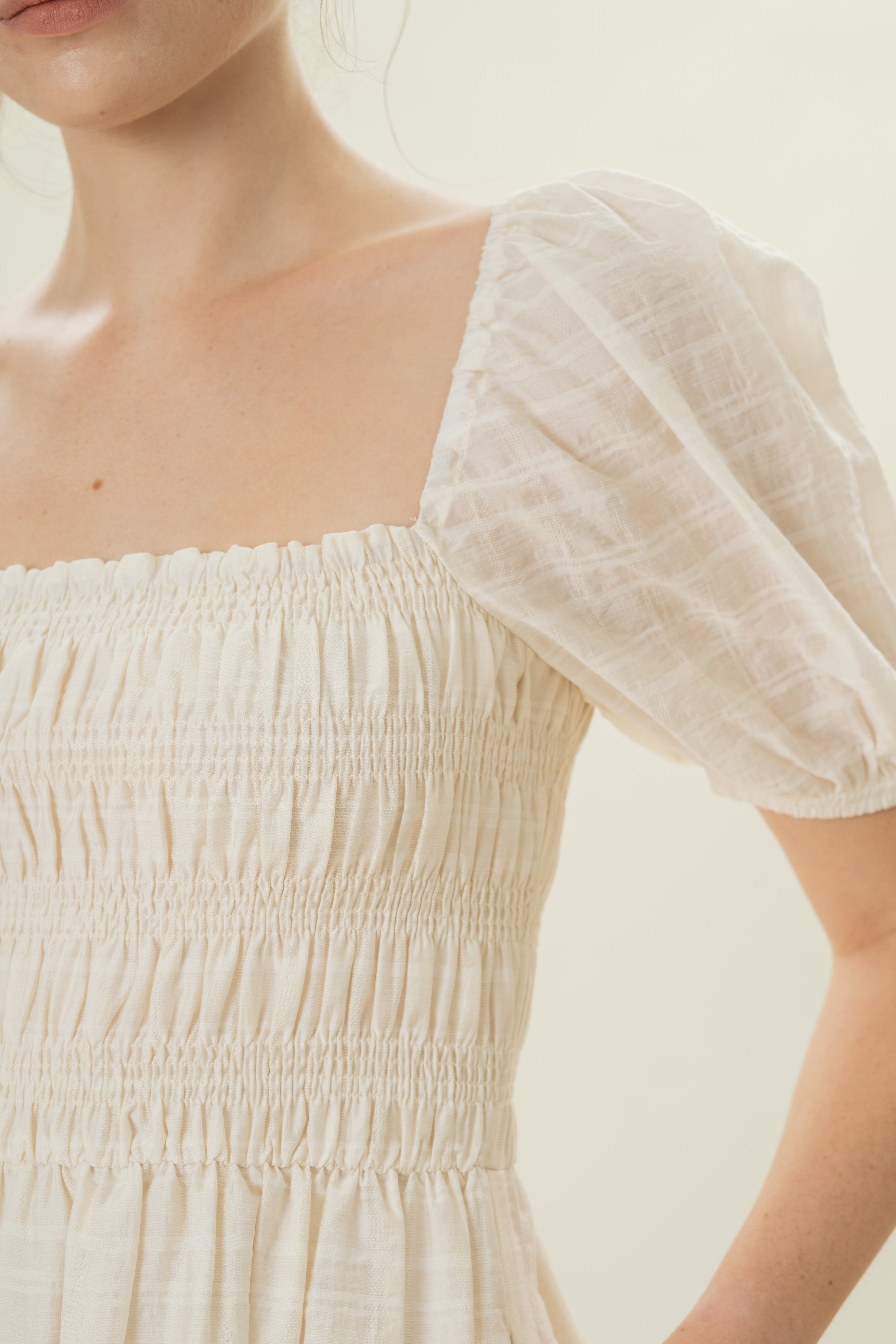 Puff Sleeve Shirred Mini Dress in Natural