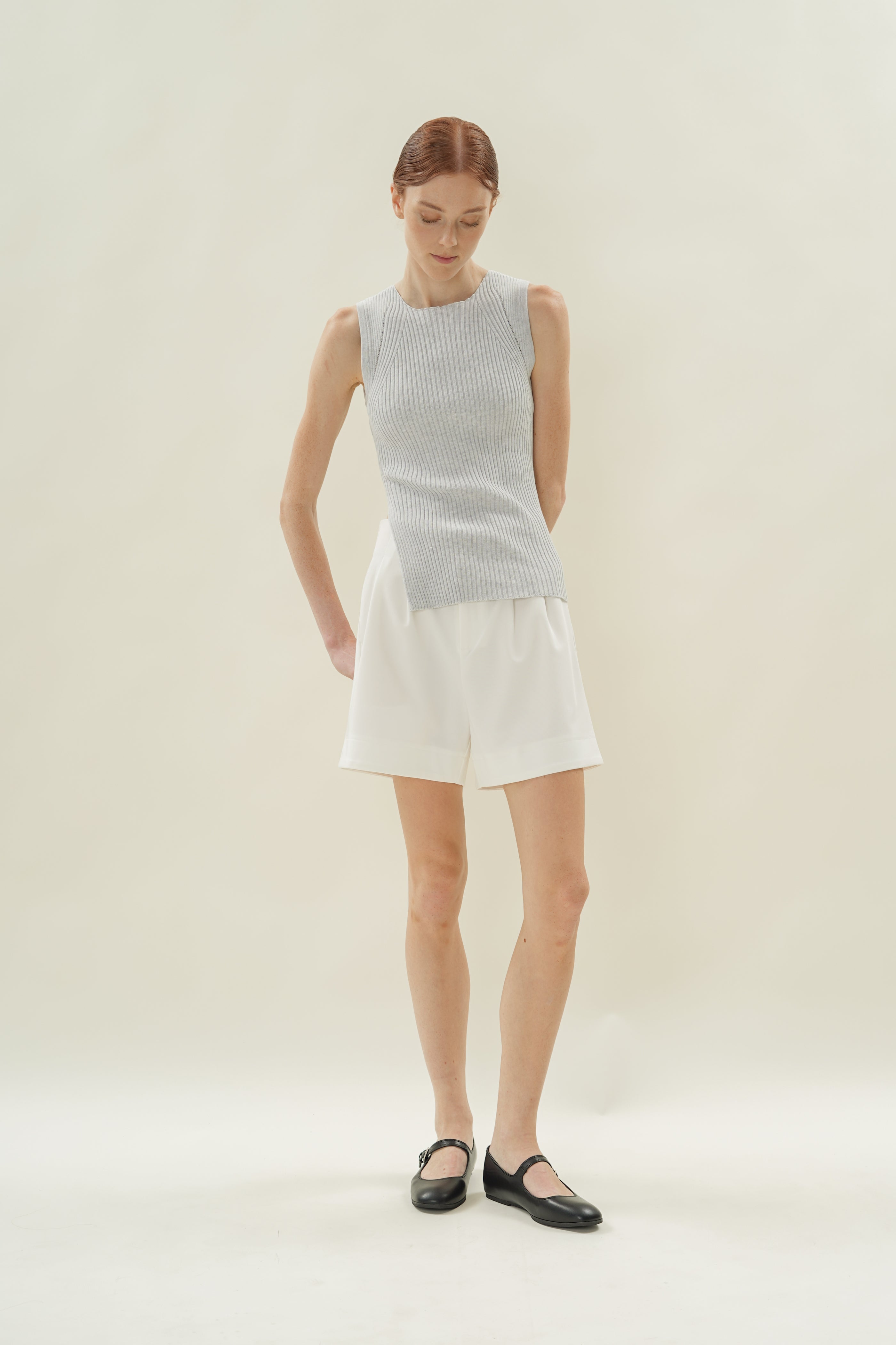 Cotton Blend Pleated Shorts in White