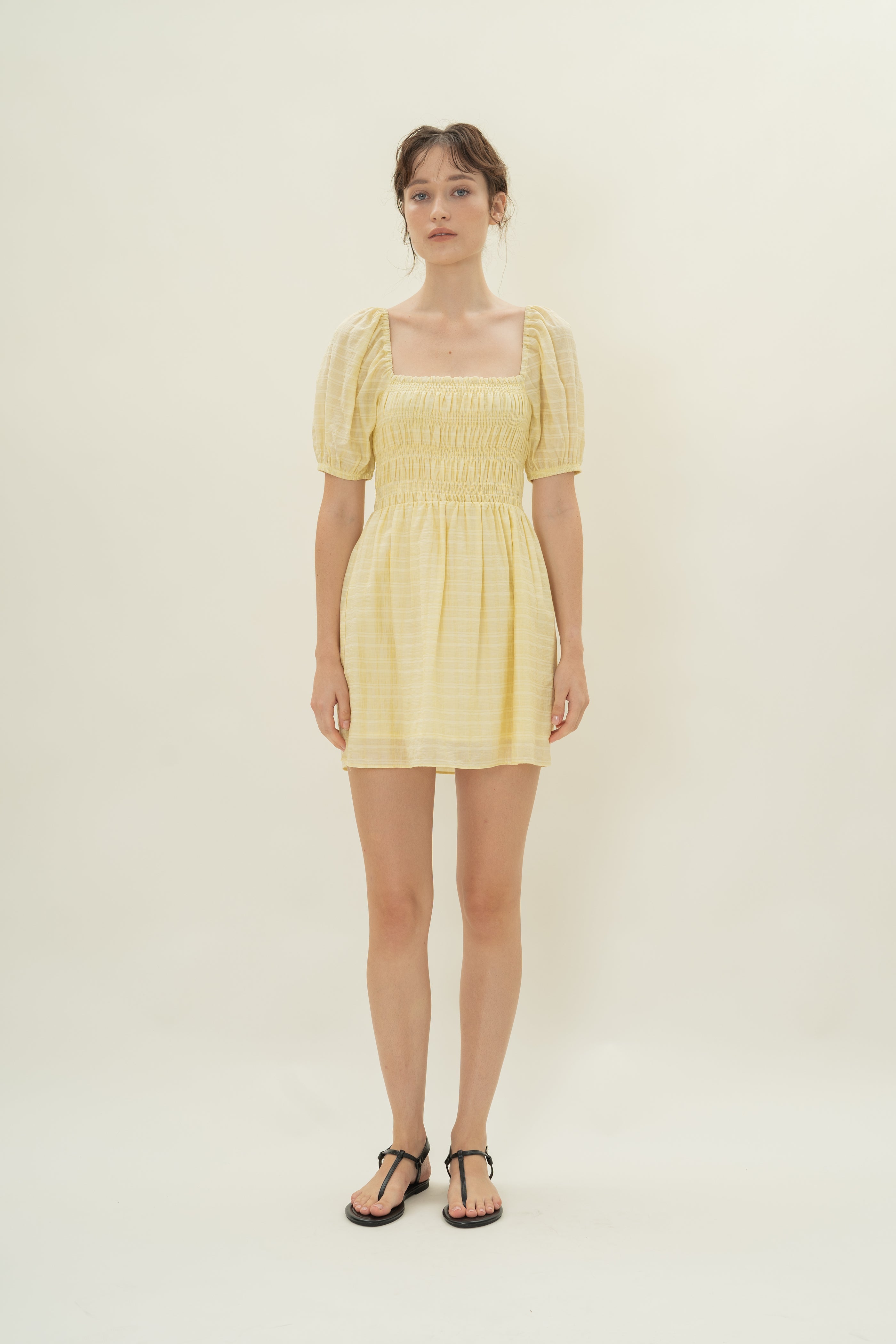 Puff Sleeve Shirred Mini Dress in Wildflower Yellow