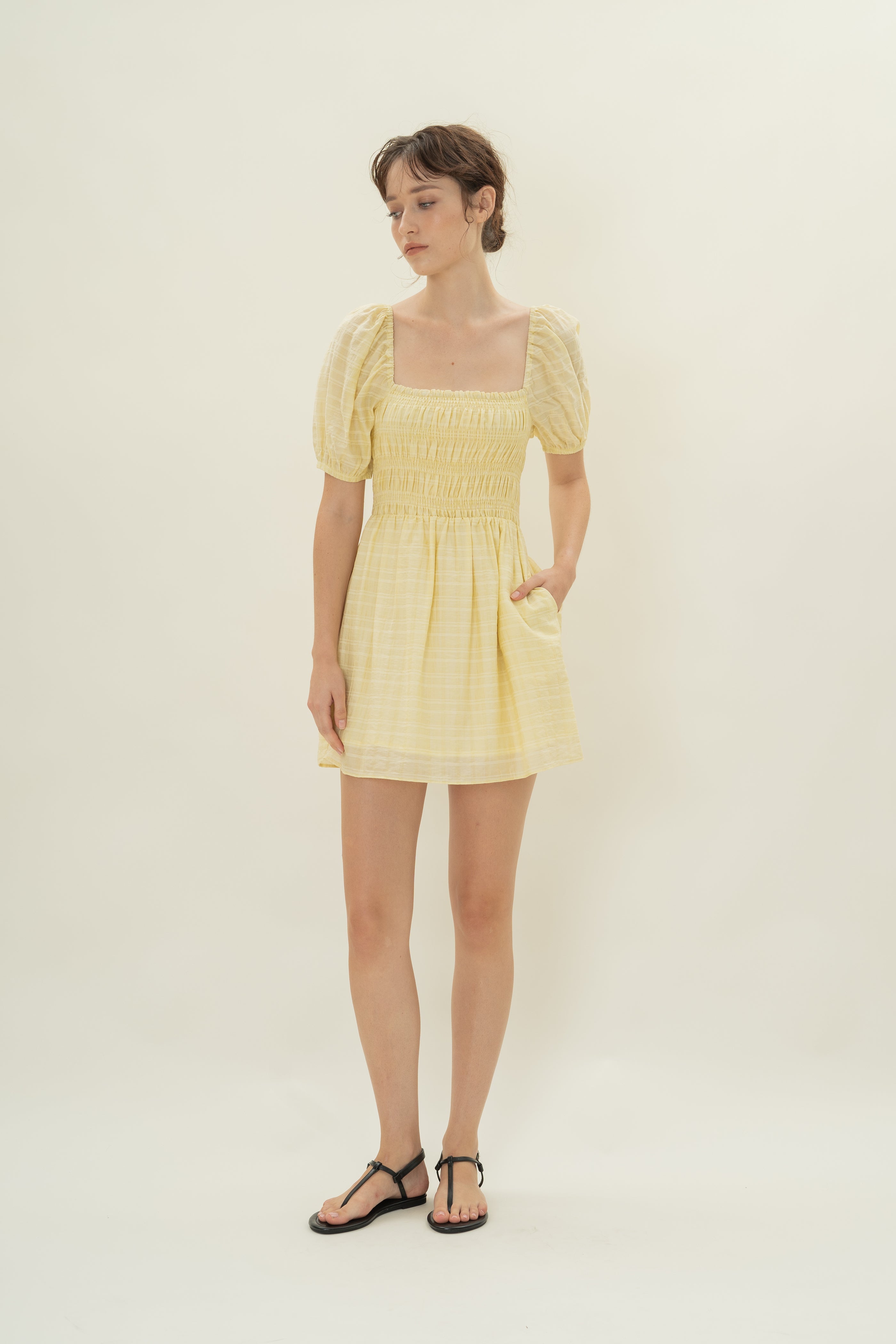 Puff Sleeve Shirred Mini Dress in Wildflower Yellow