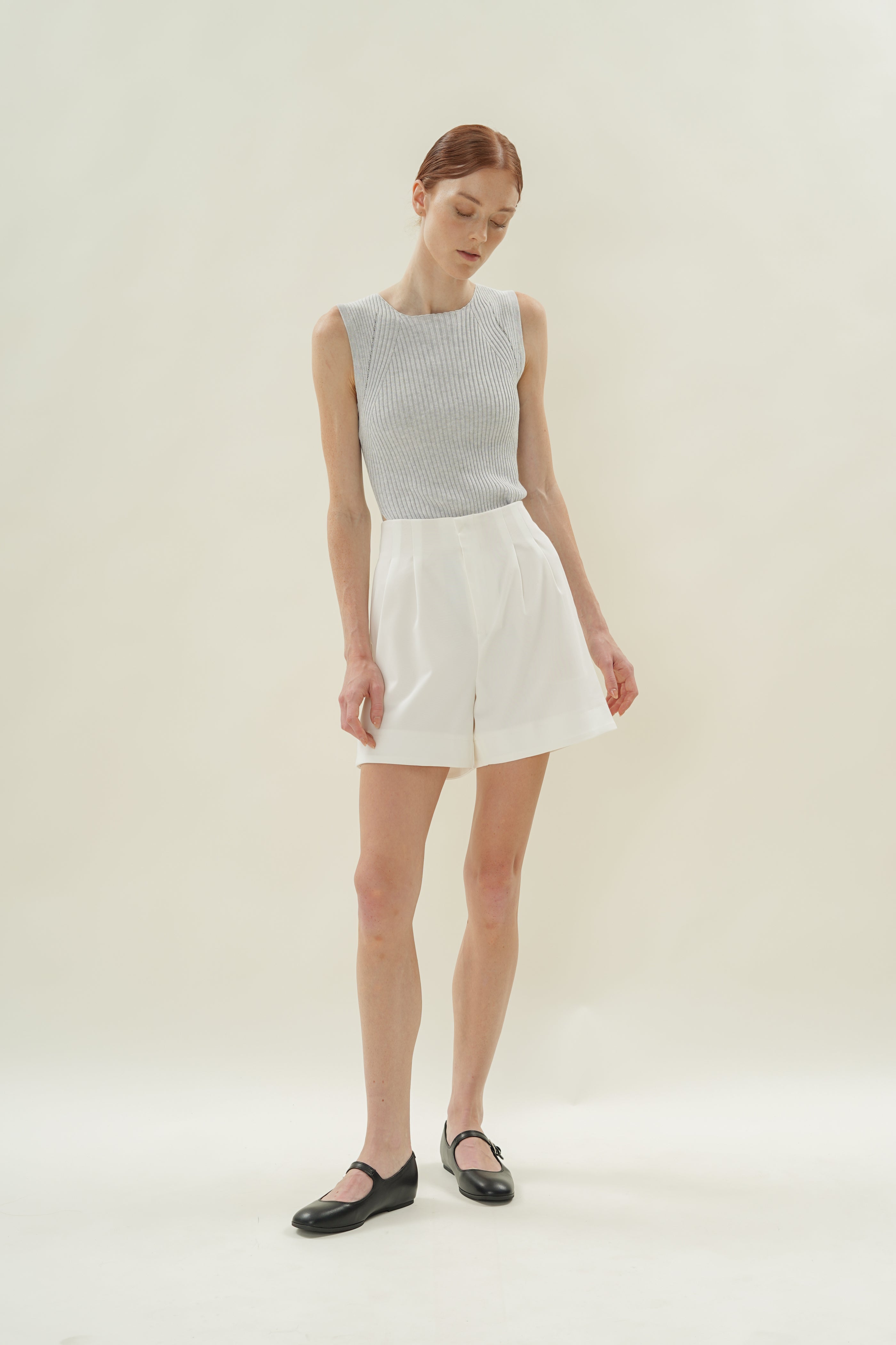Cotton Blend Pleated Shorts in White