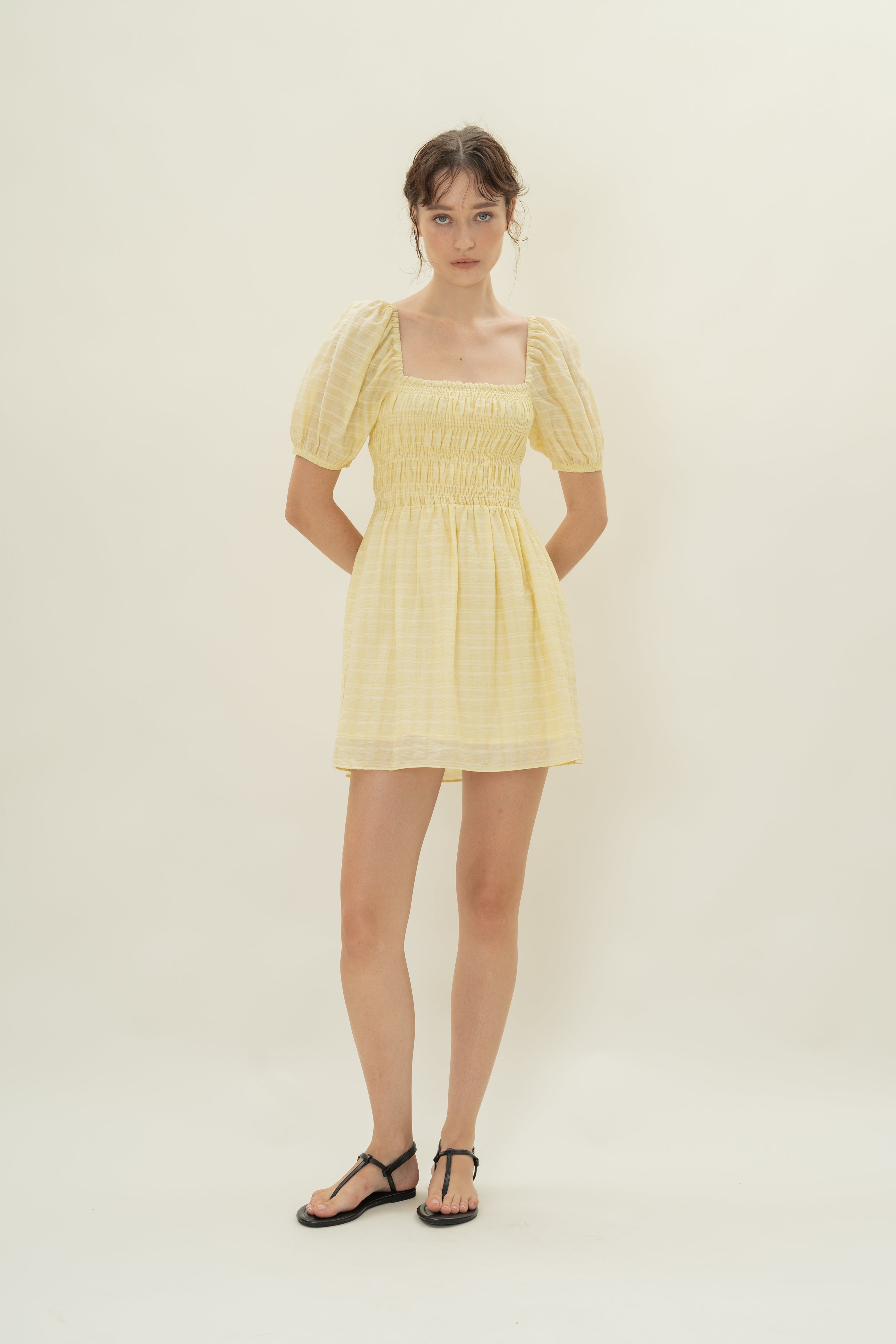 Puff Sleeve Shirred Mini Dress in Wildflower Yellow