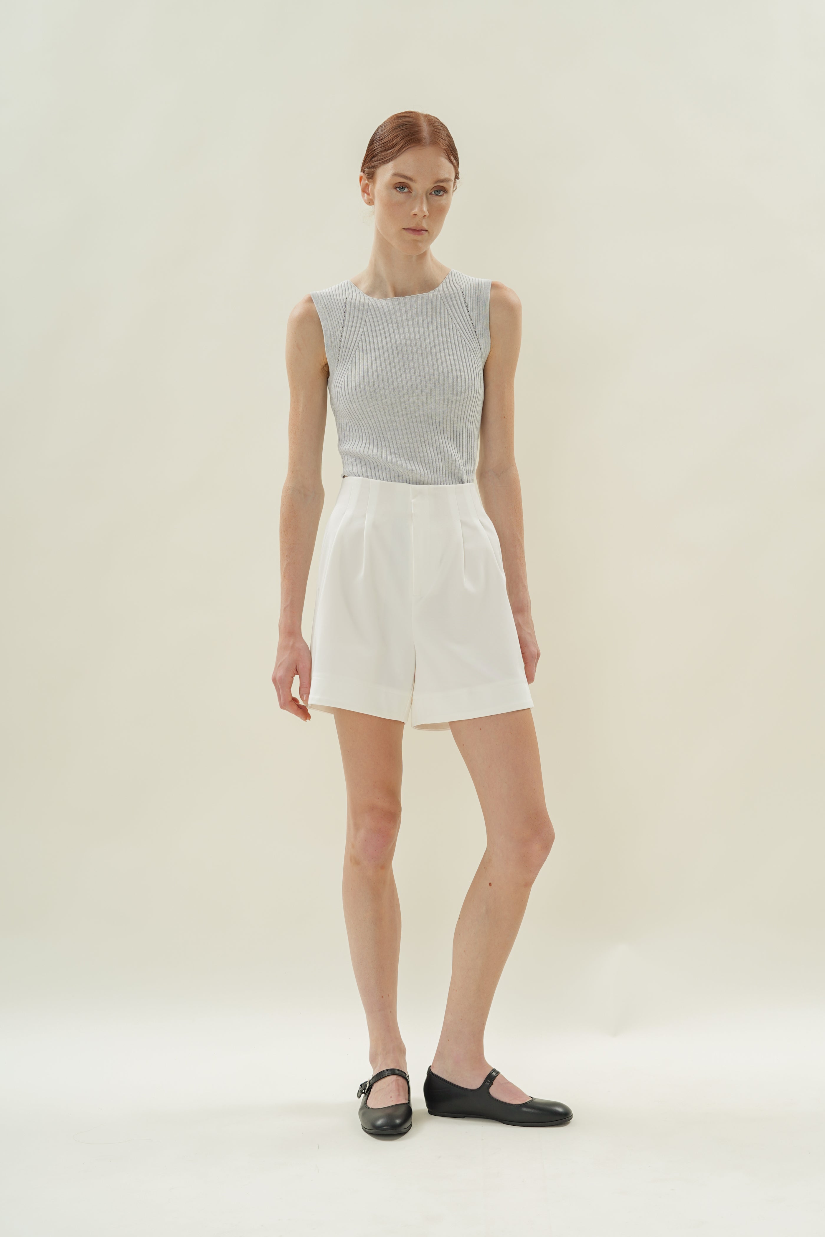Cotton Blend Pleated Shorts in White