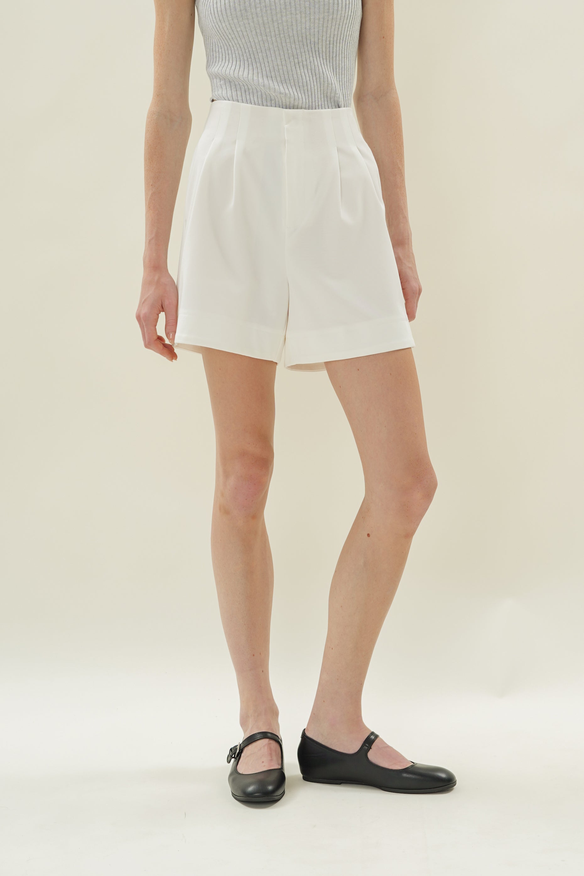 Cotton Blend Pleated Shorts in White