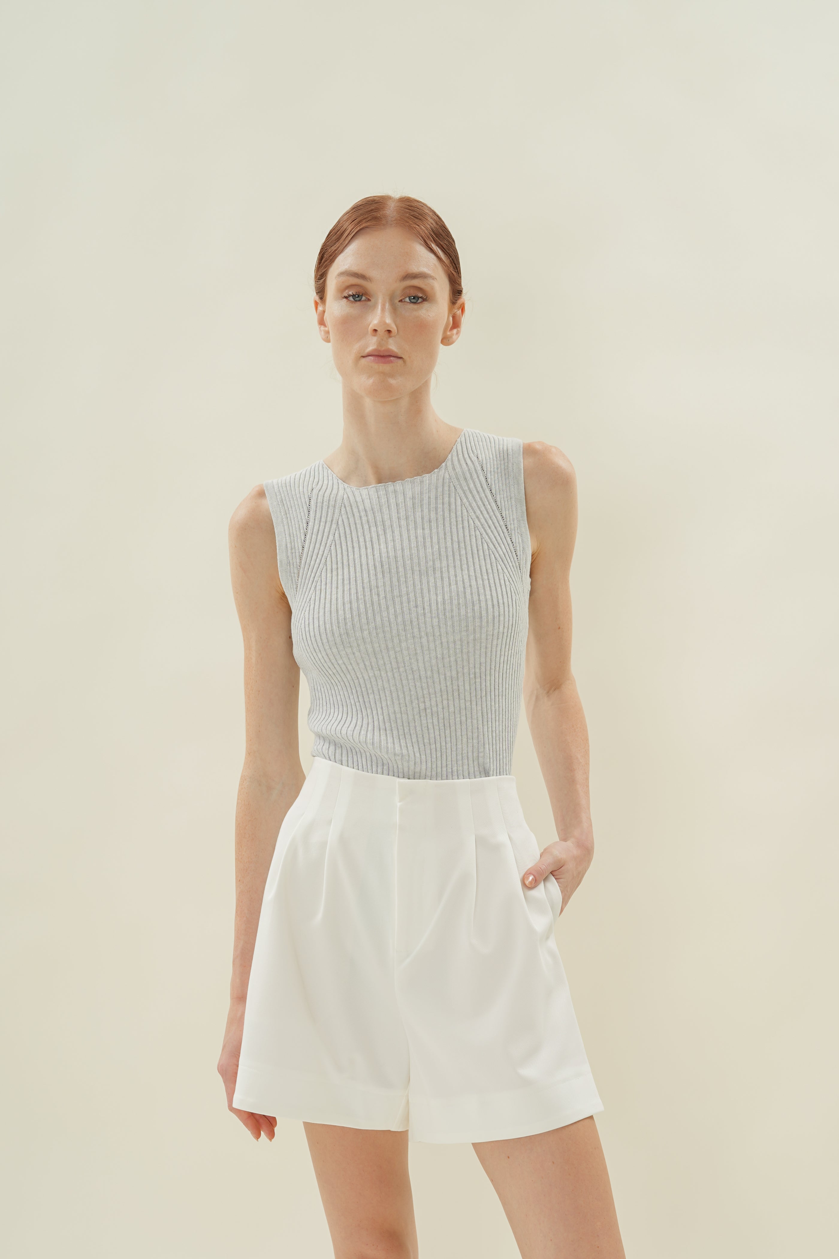 Cotton Blend Pleated Shorts in White