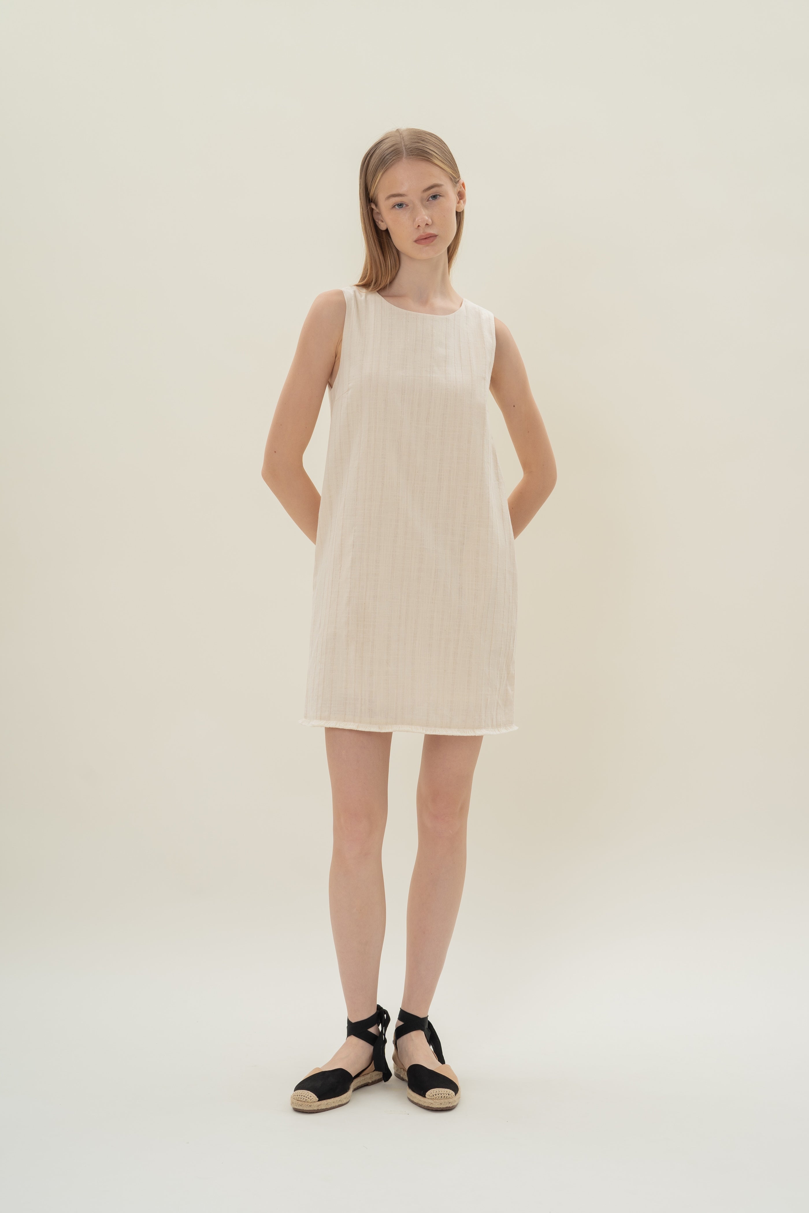 Frilled Hem Shift Mini Dress in Natural