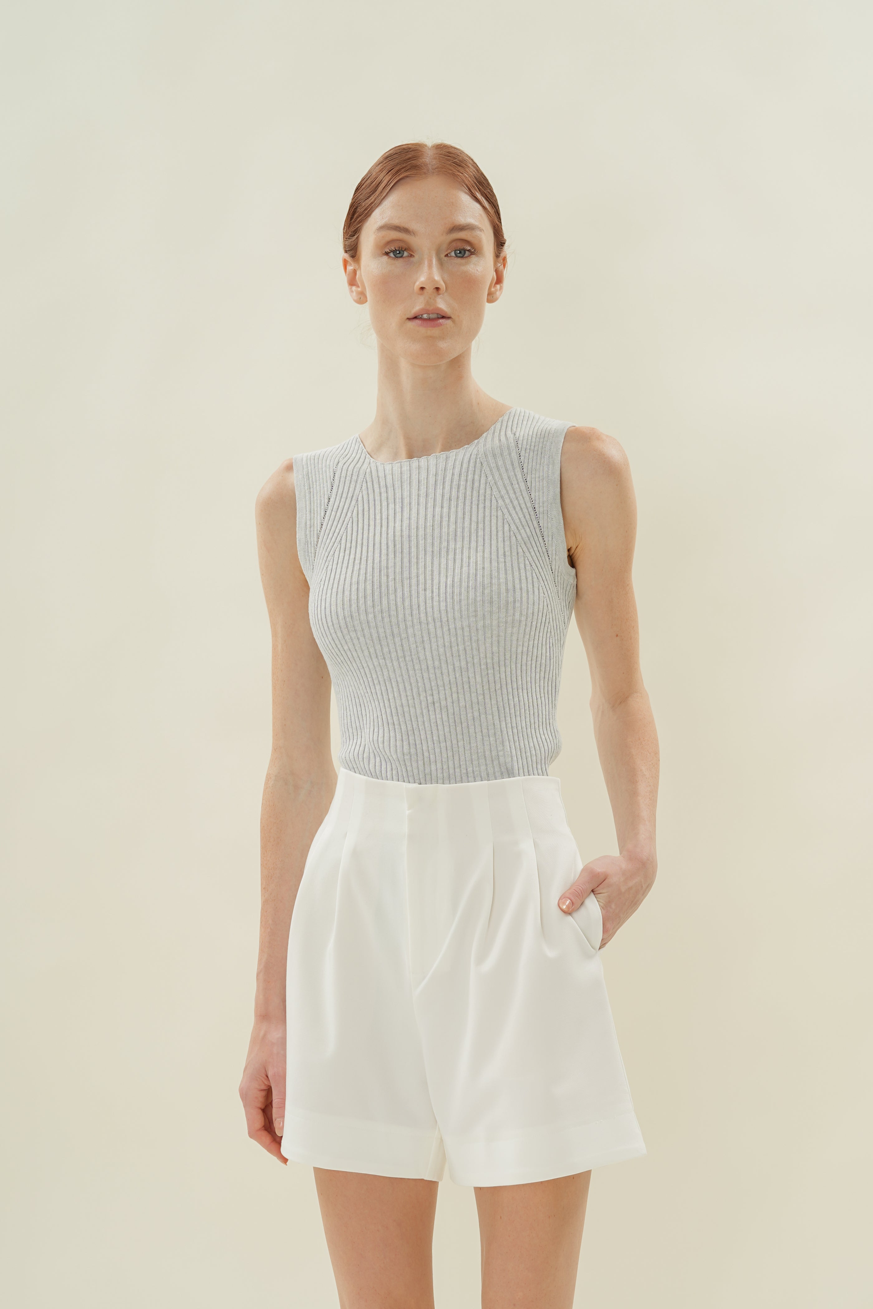 Cotton Blend Pleated Shorts in White