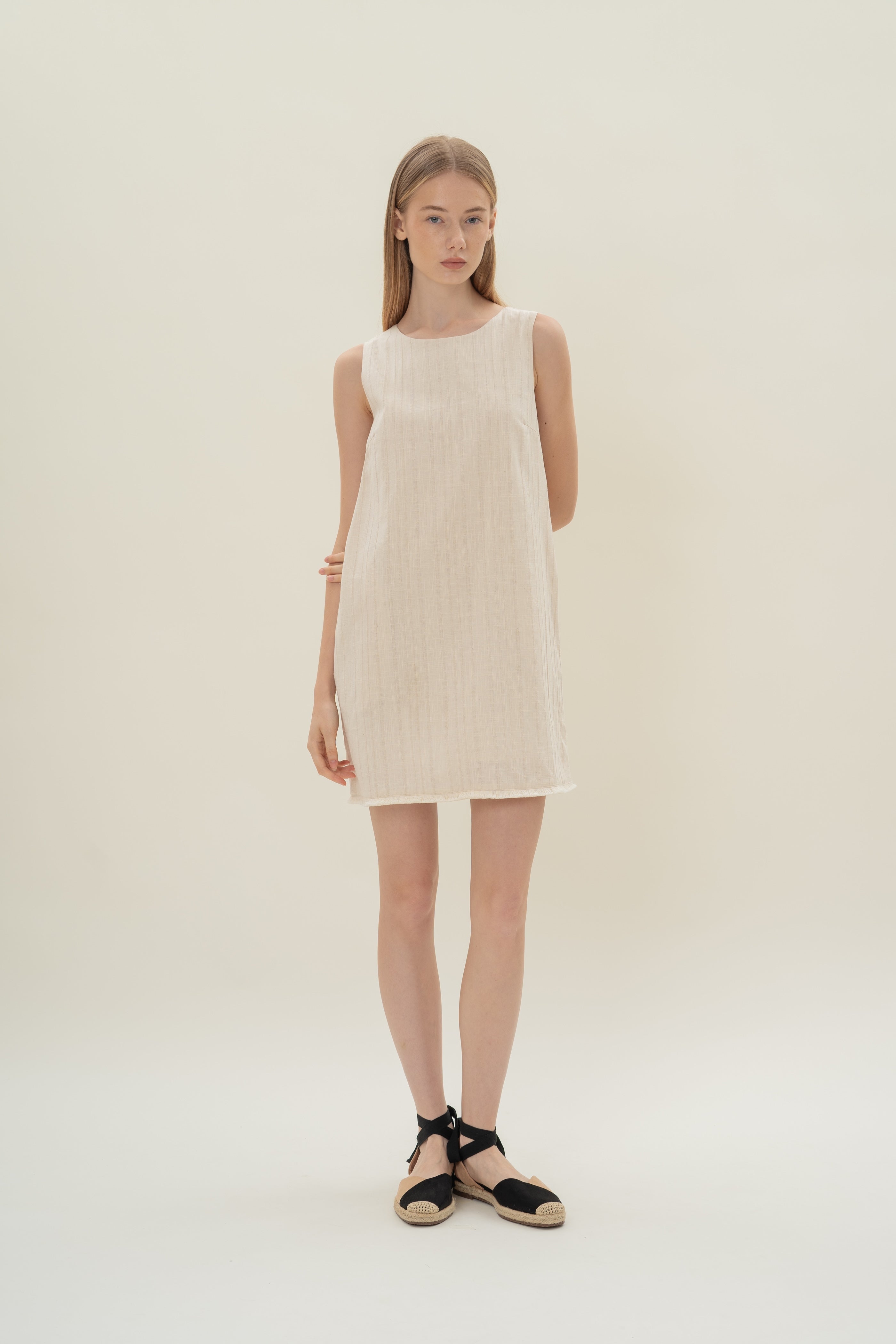 Frilled Hem Shift Mini Dress in Natural