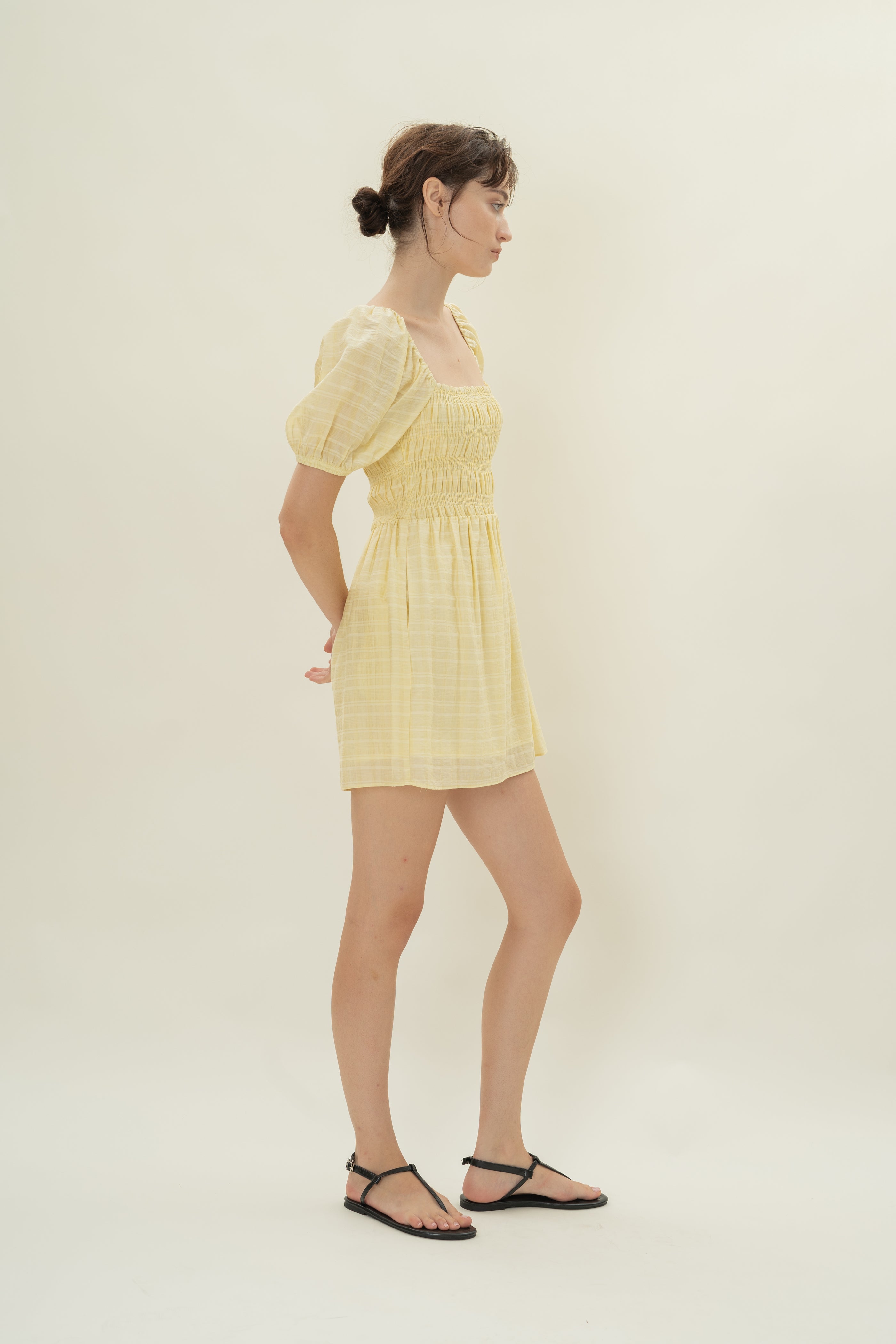 Puff Sleeve Shirred Mini Dress in Wildflower Yellow