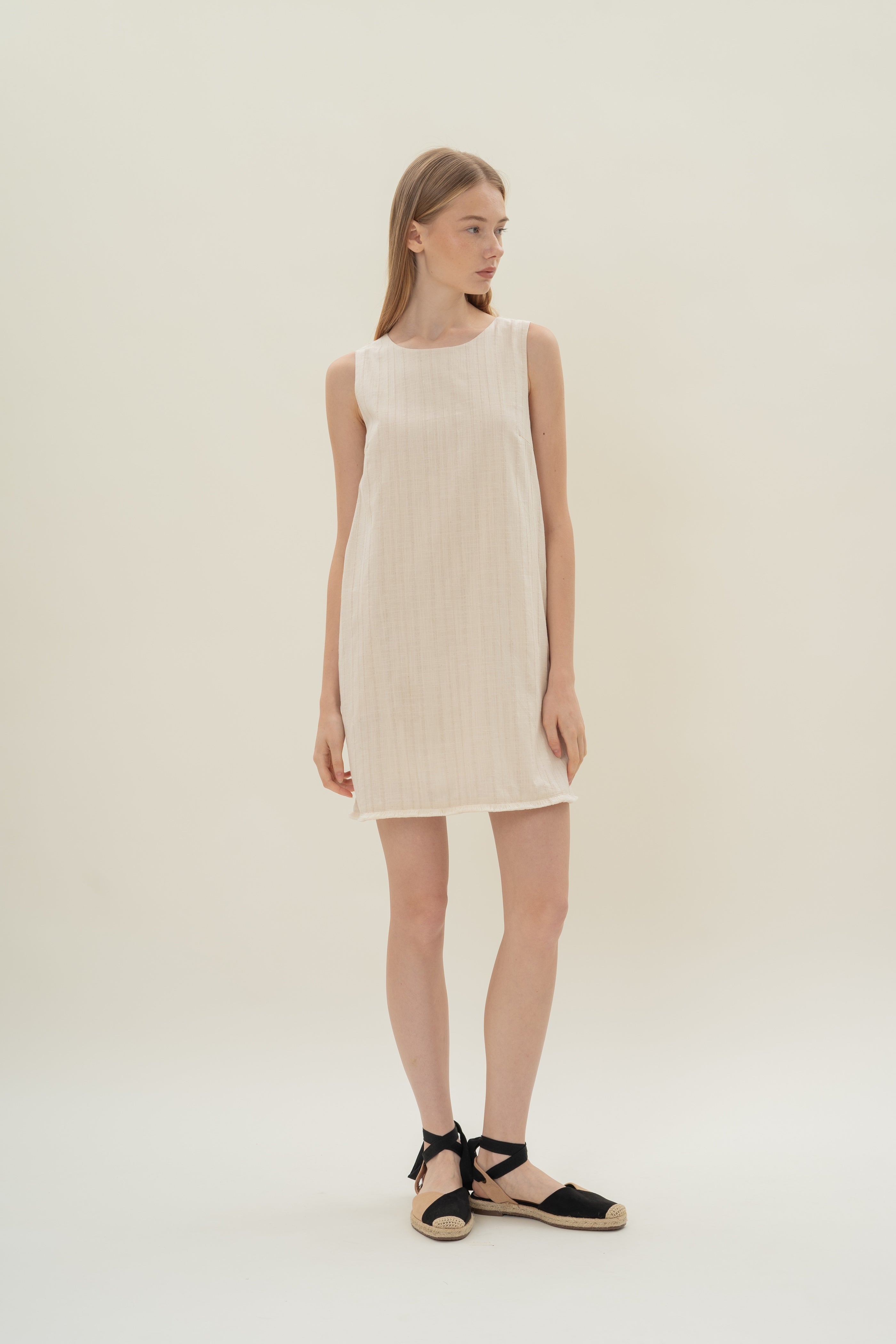 Frilled Hem Shift Mini Dress in Natural