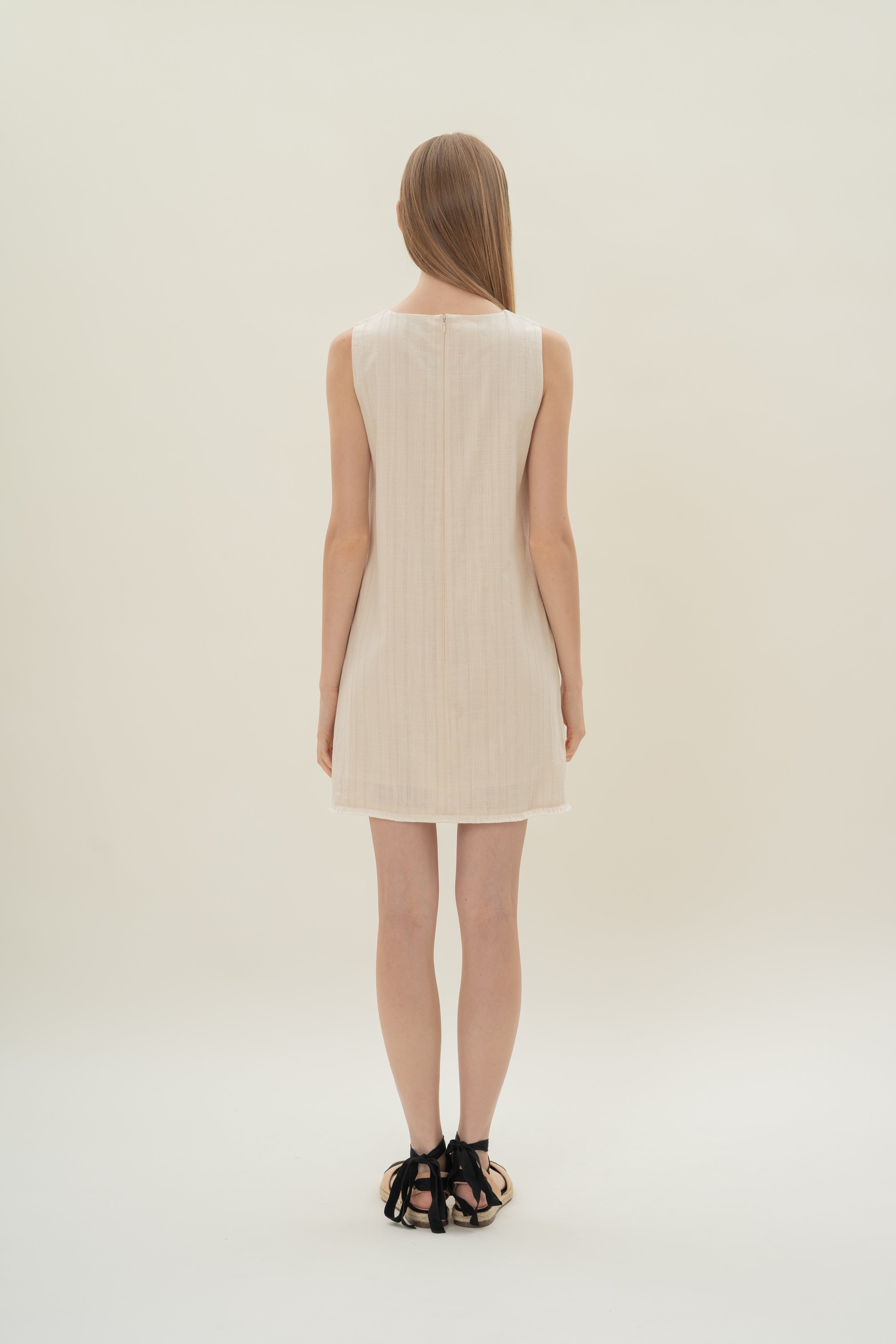 Frilled Hem Shift Mini Dress in Natural