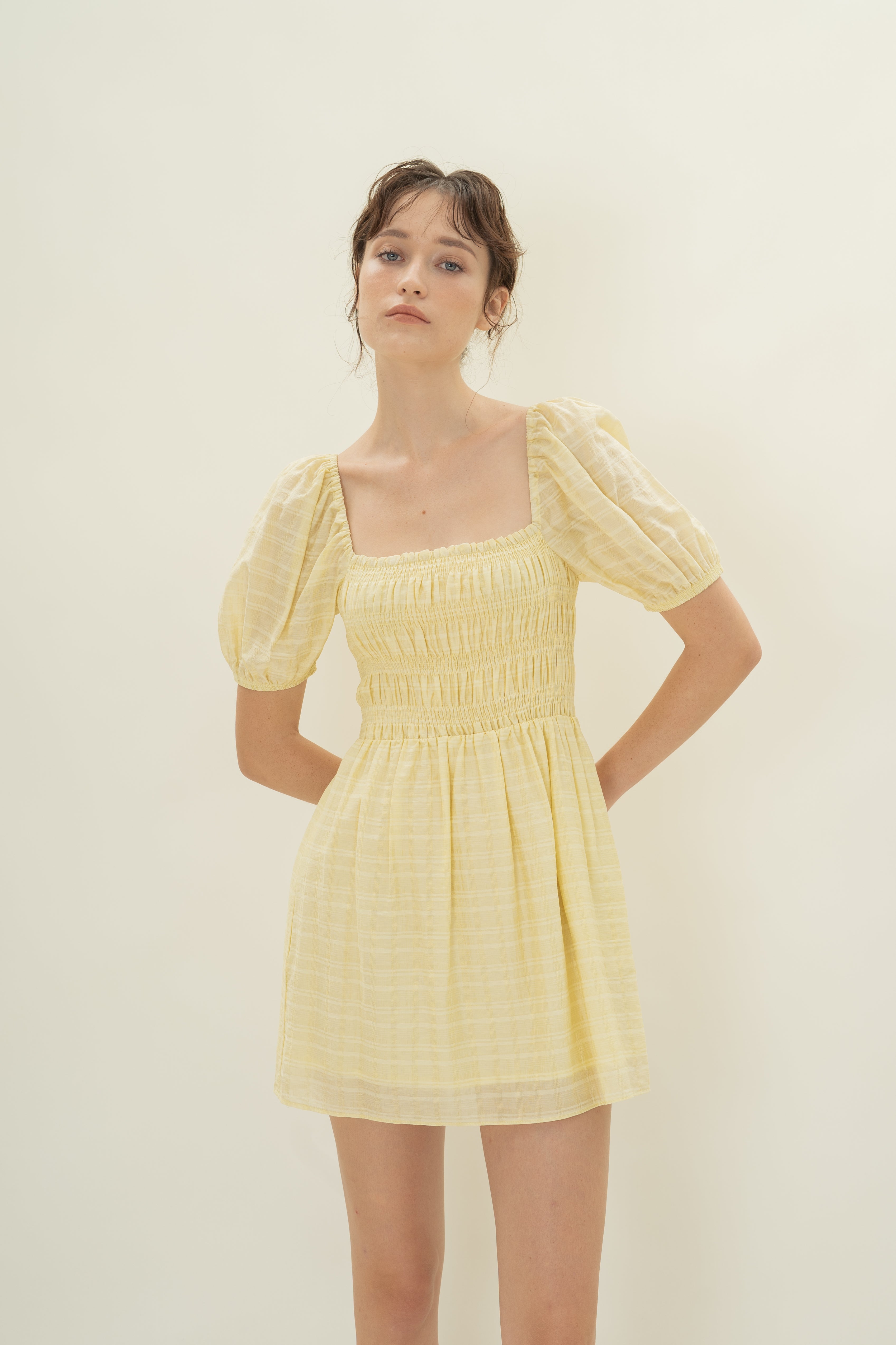 Puff Sleeve Shirred Mini Dress in Wildflower Yellow