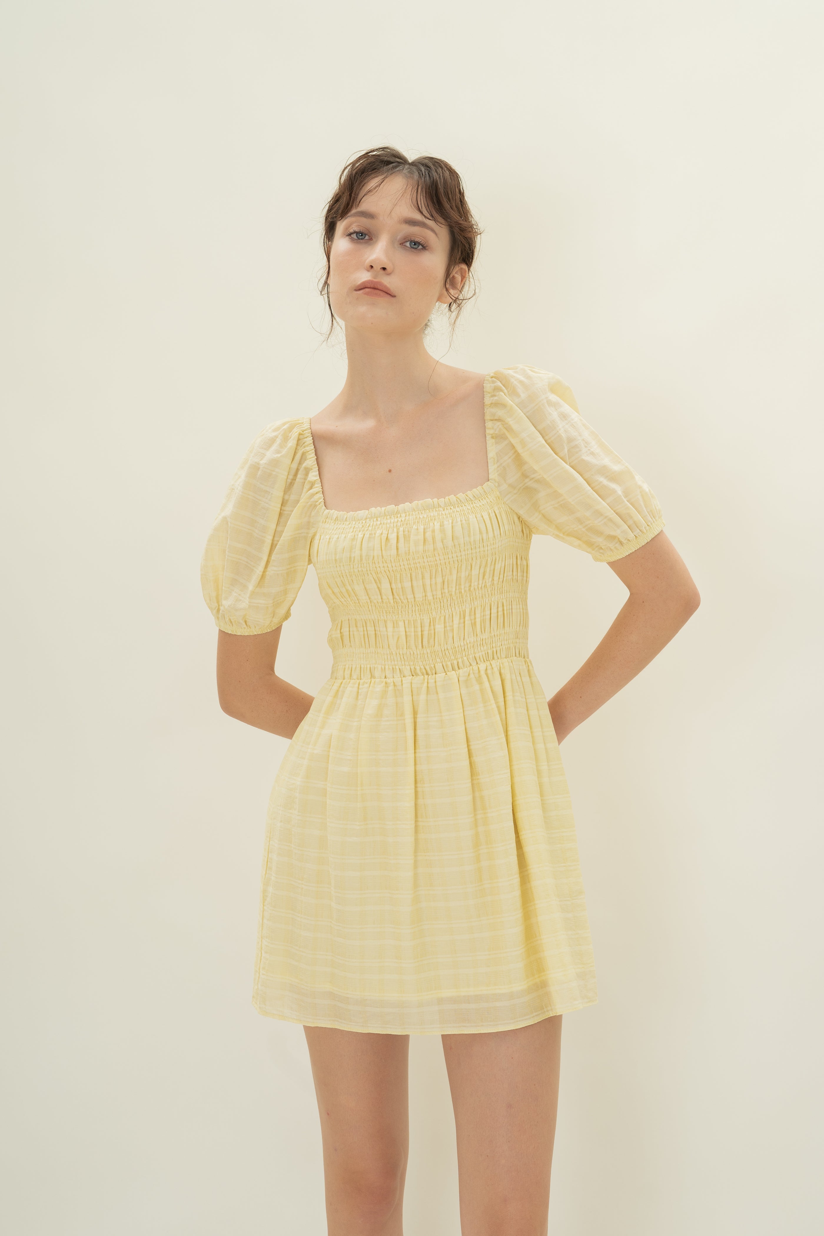 Puff Sleeve Shirred Mini Dress in Wildflower Yellow