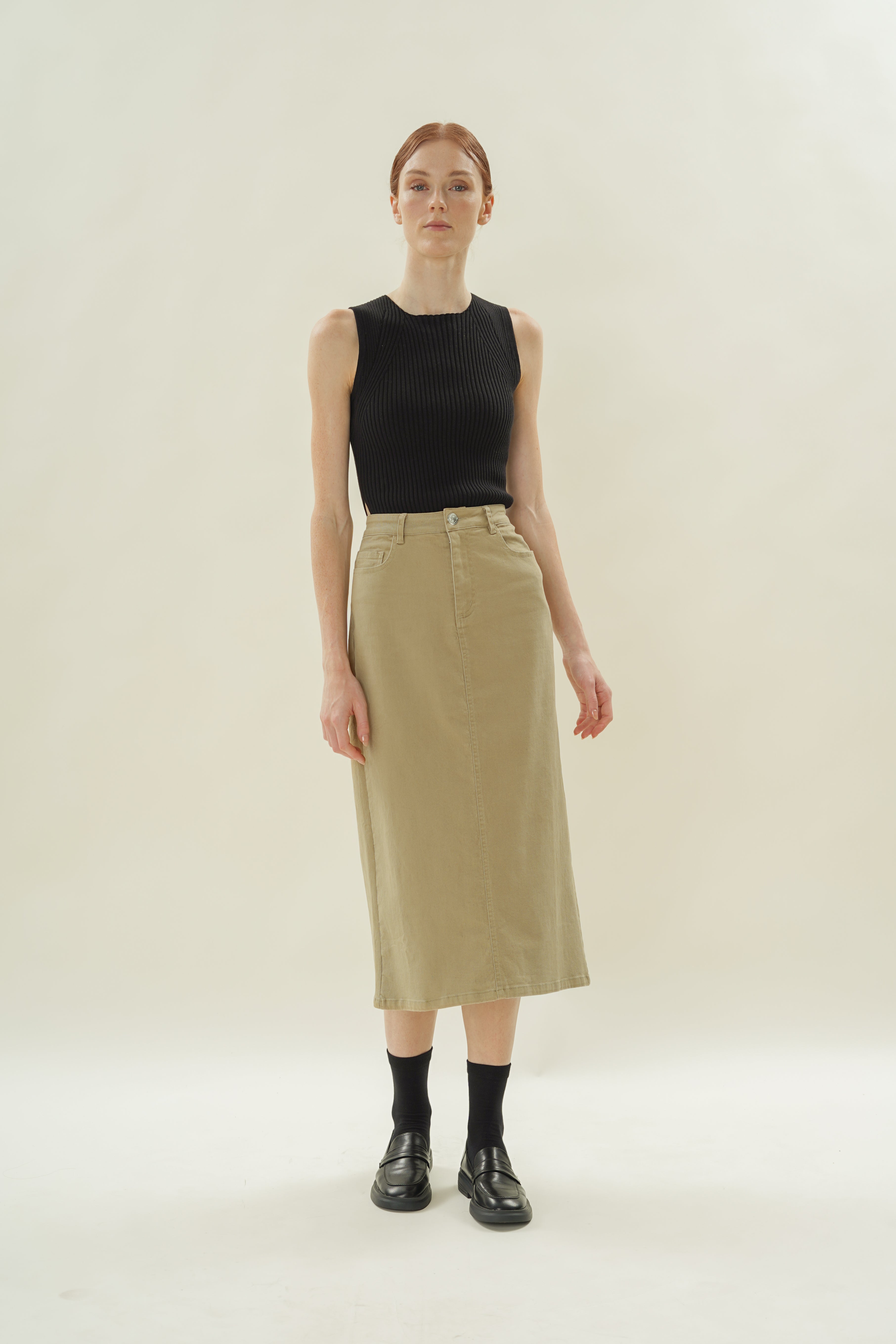 Cotton Twill Straight Midi Skirt in Khaki