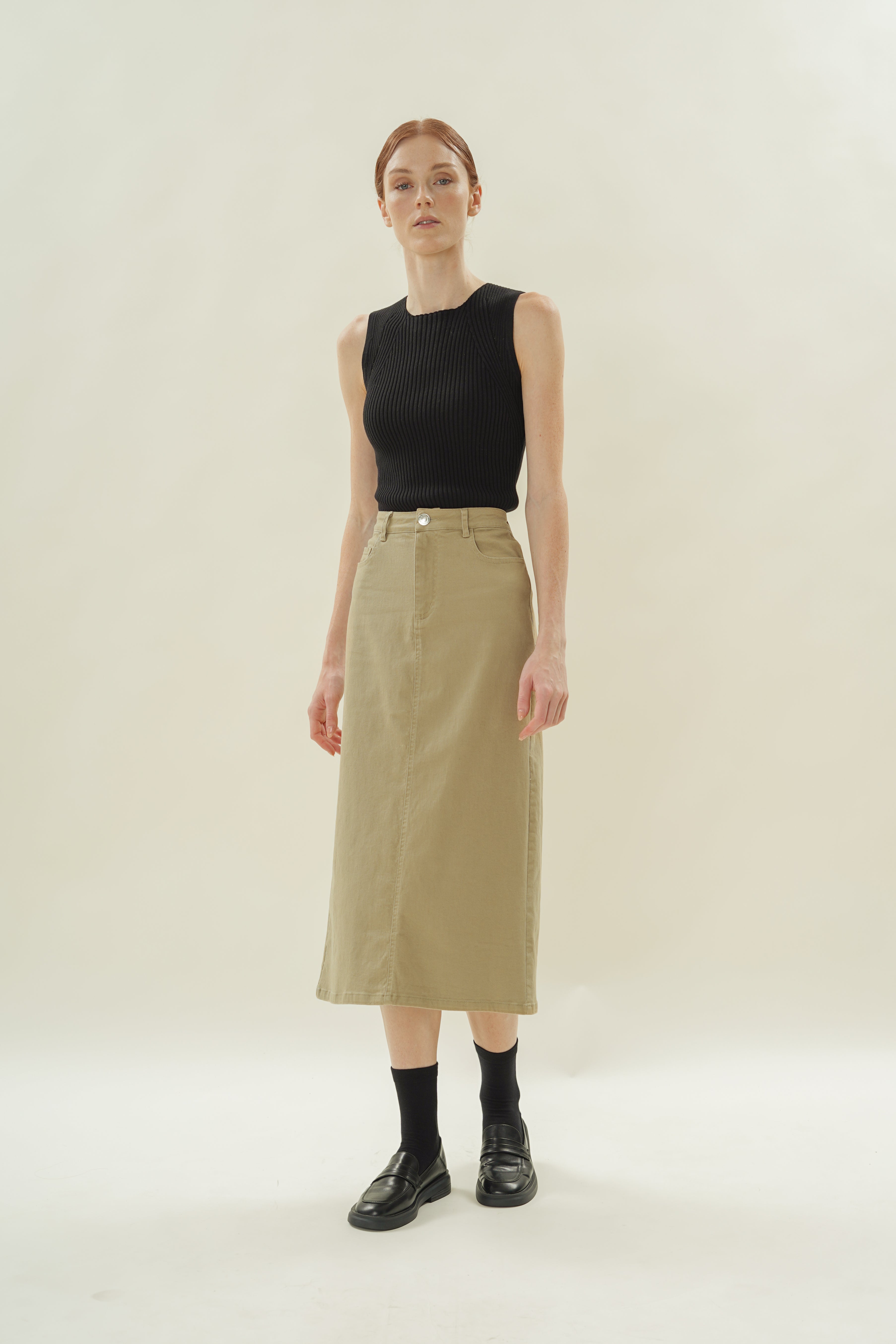 Cotton Twill Straight Midi Skirt in Khaki