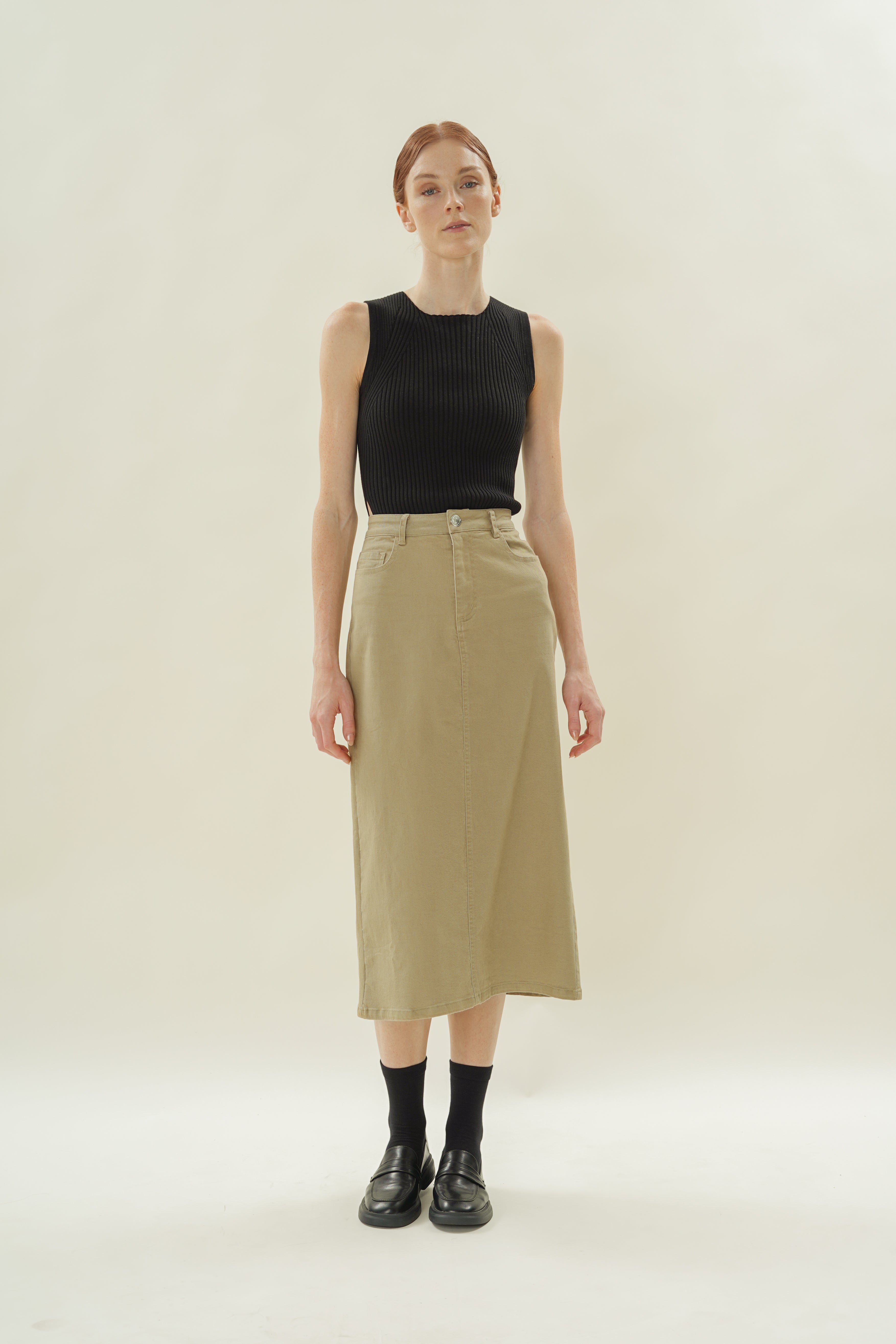 Cotton Twill Straight Midi Skirt in Khaki