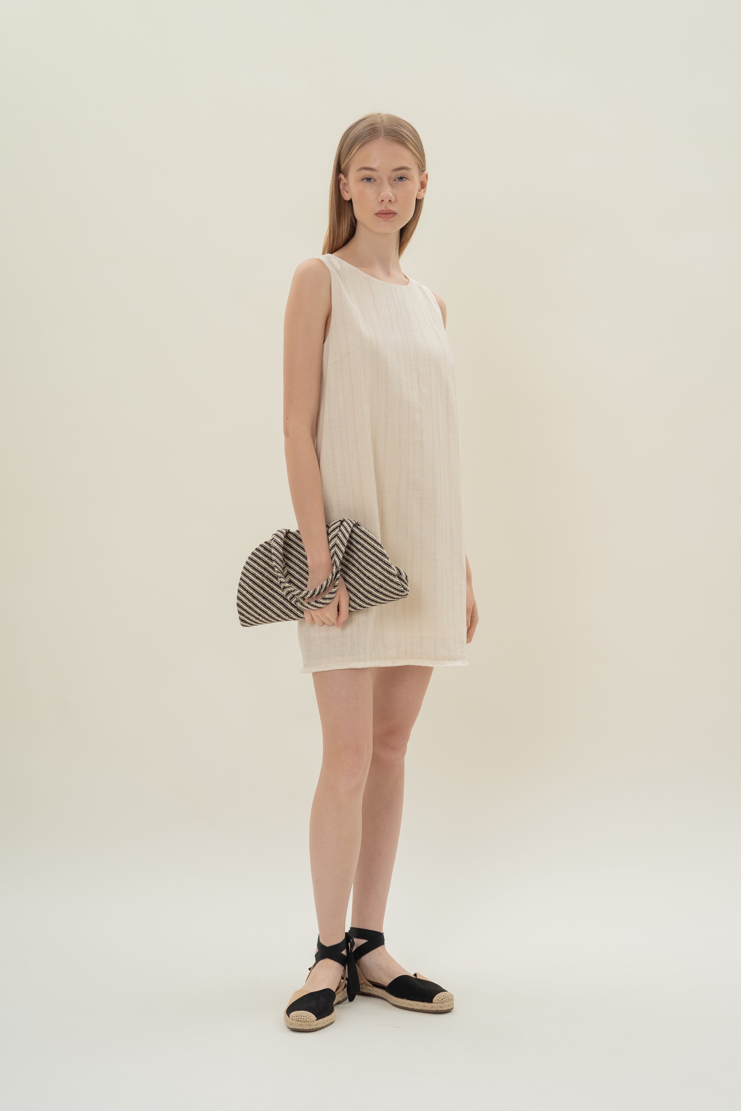 Frilled Hem Shift Mini Dress in Natural