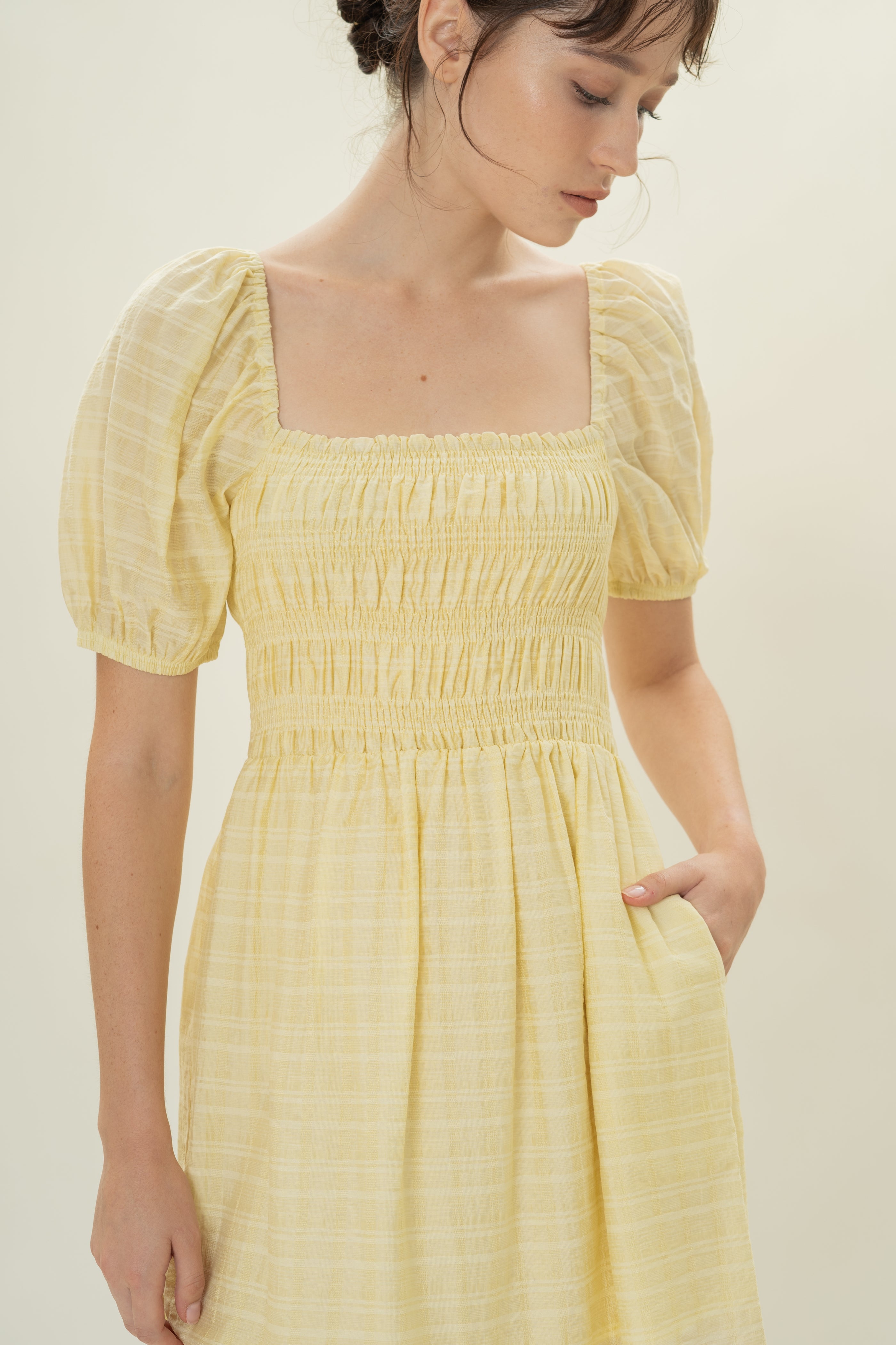 Puff Sleeve Shirred Mini Dress in Wildflower Yellow