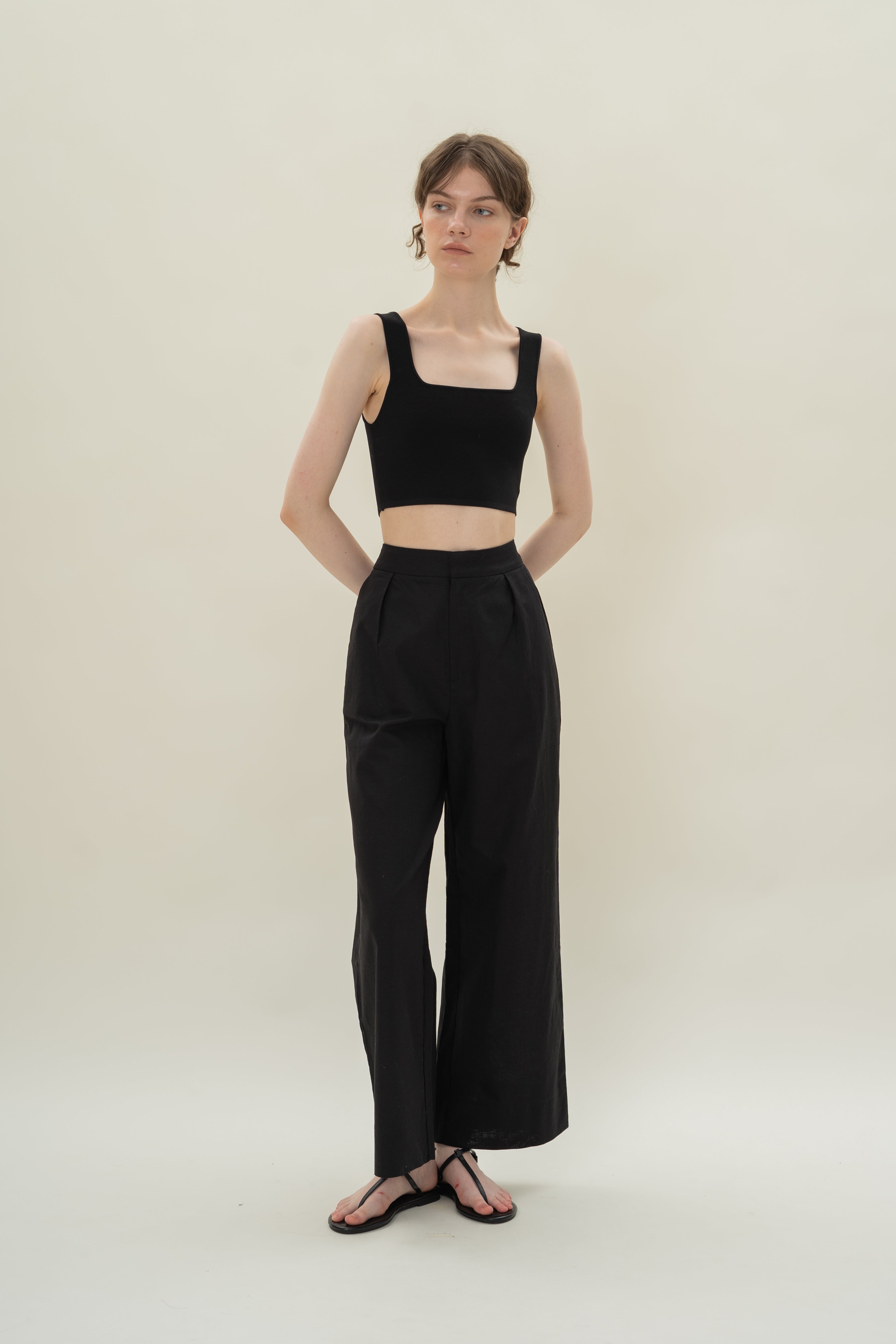 Textured Linen Trousers in Black