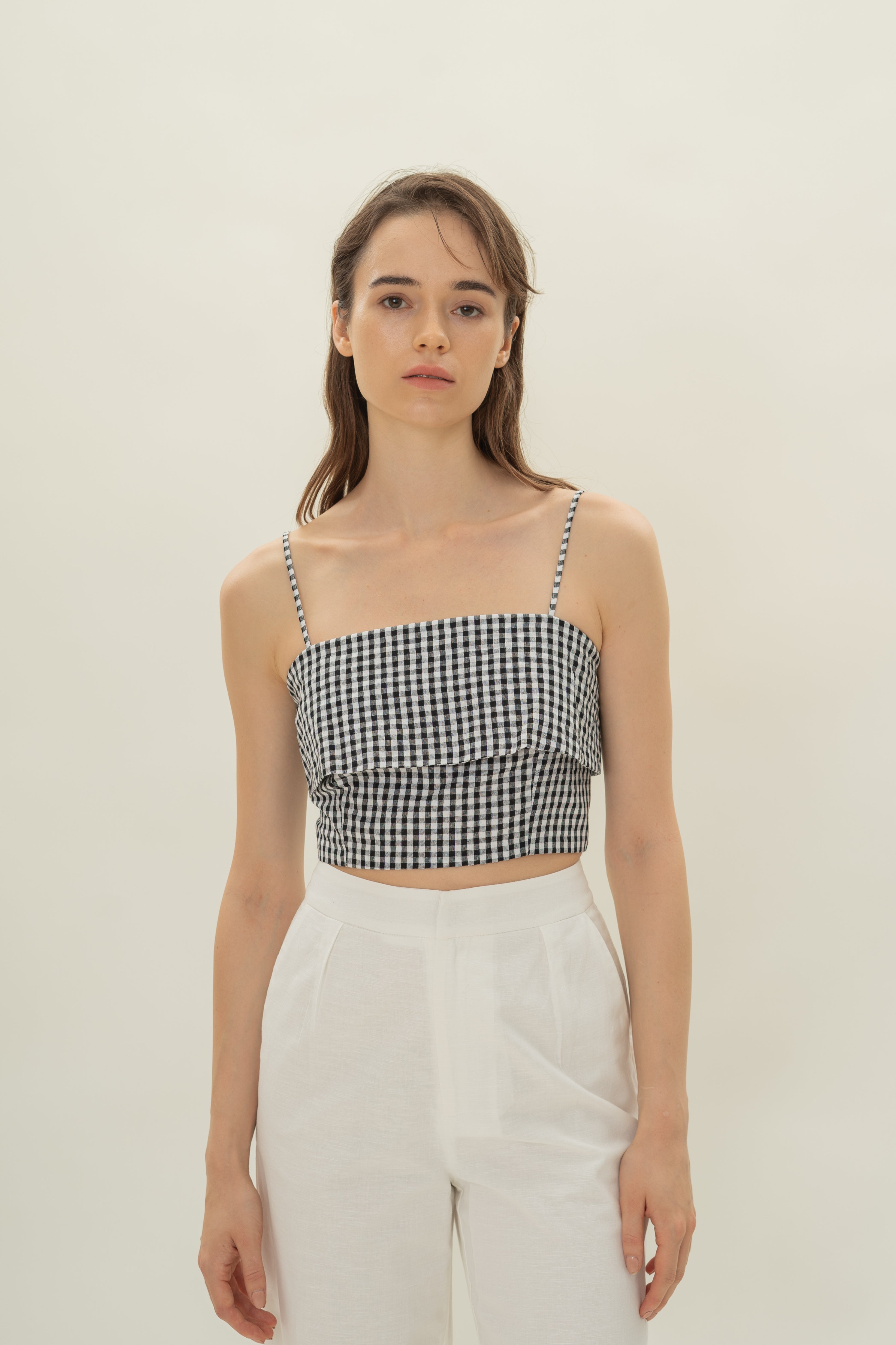 Panelled Cropped Top in Black Gingham