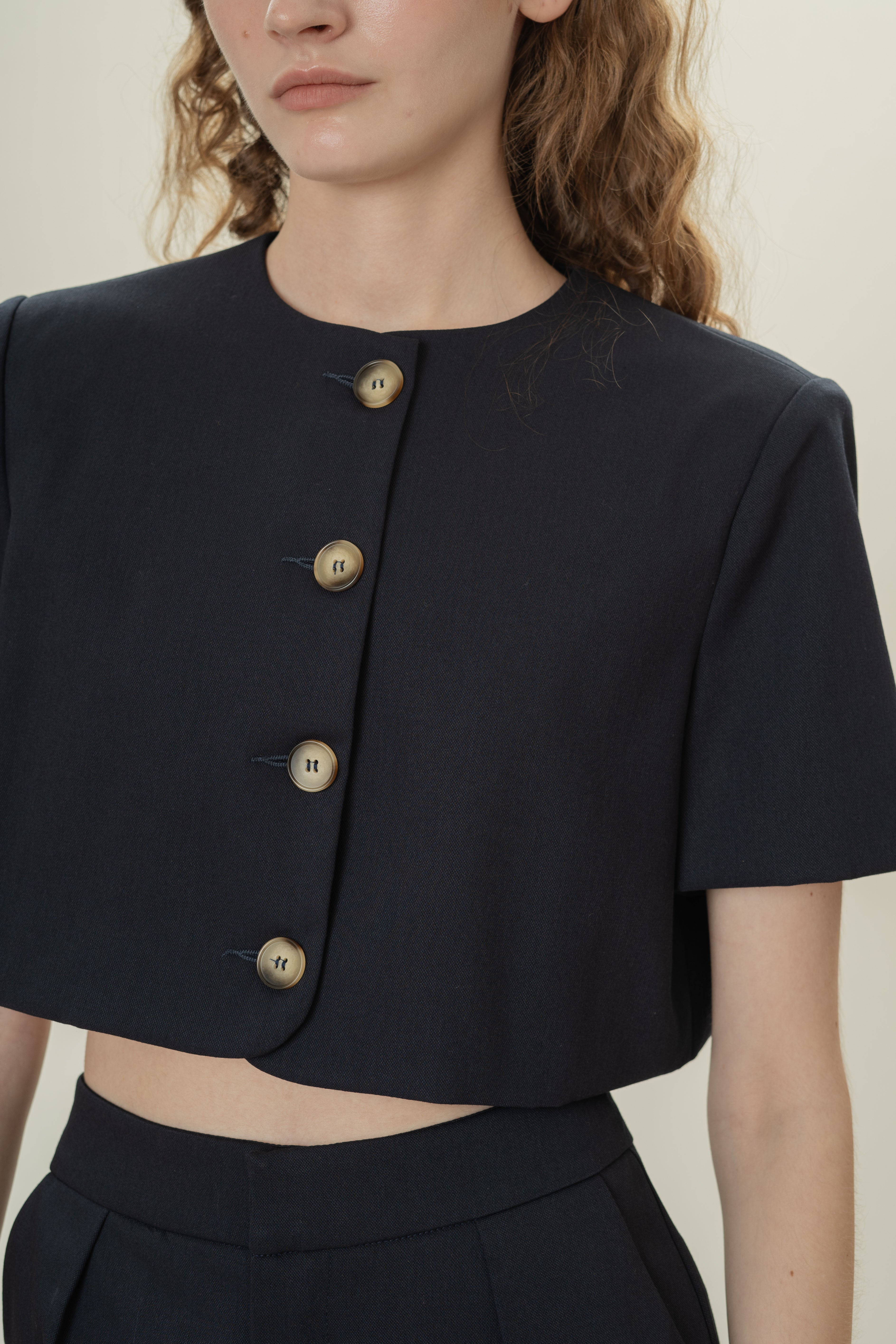 Collarless Short Sleeved Jacket in Midnight