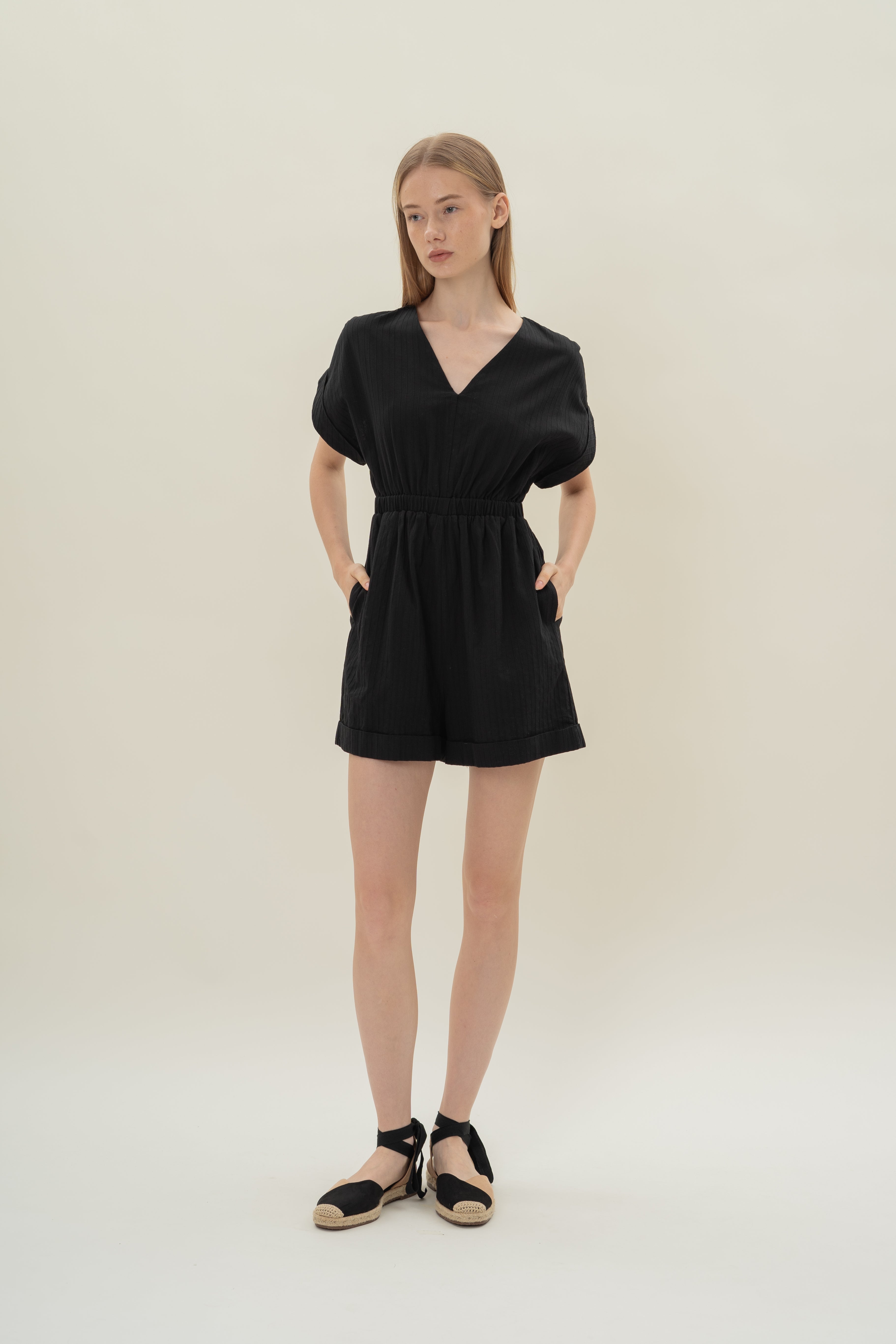 V Neck Relaxed Playsuit in Black Stripes