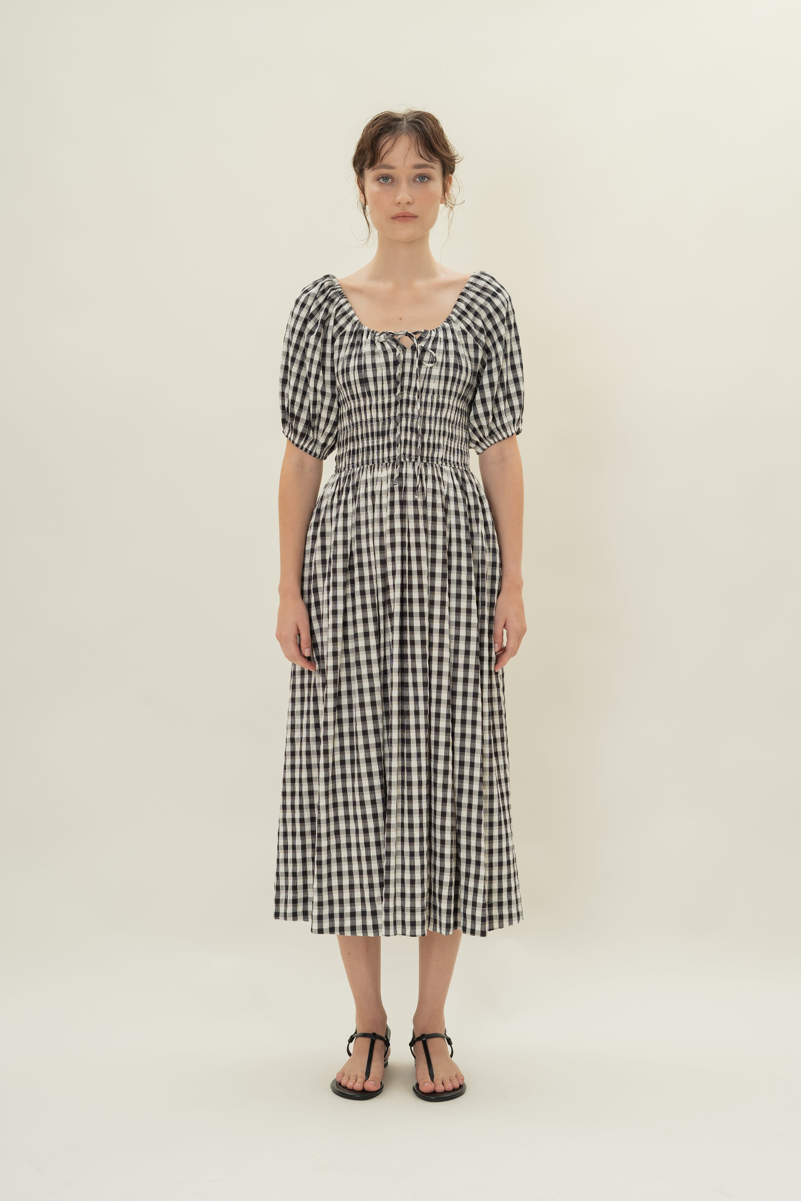 Shirred Waist Puff Sleeve Dress in Black Gingham