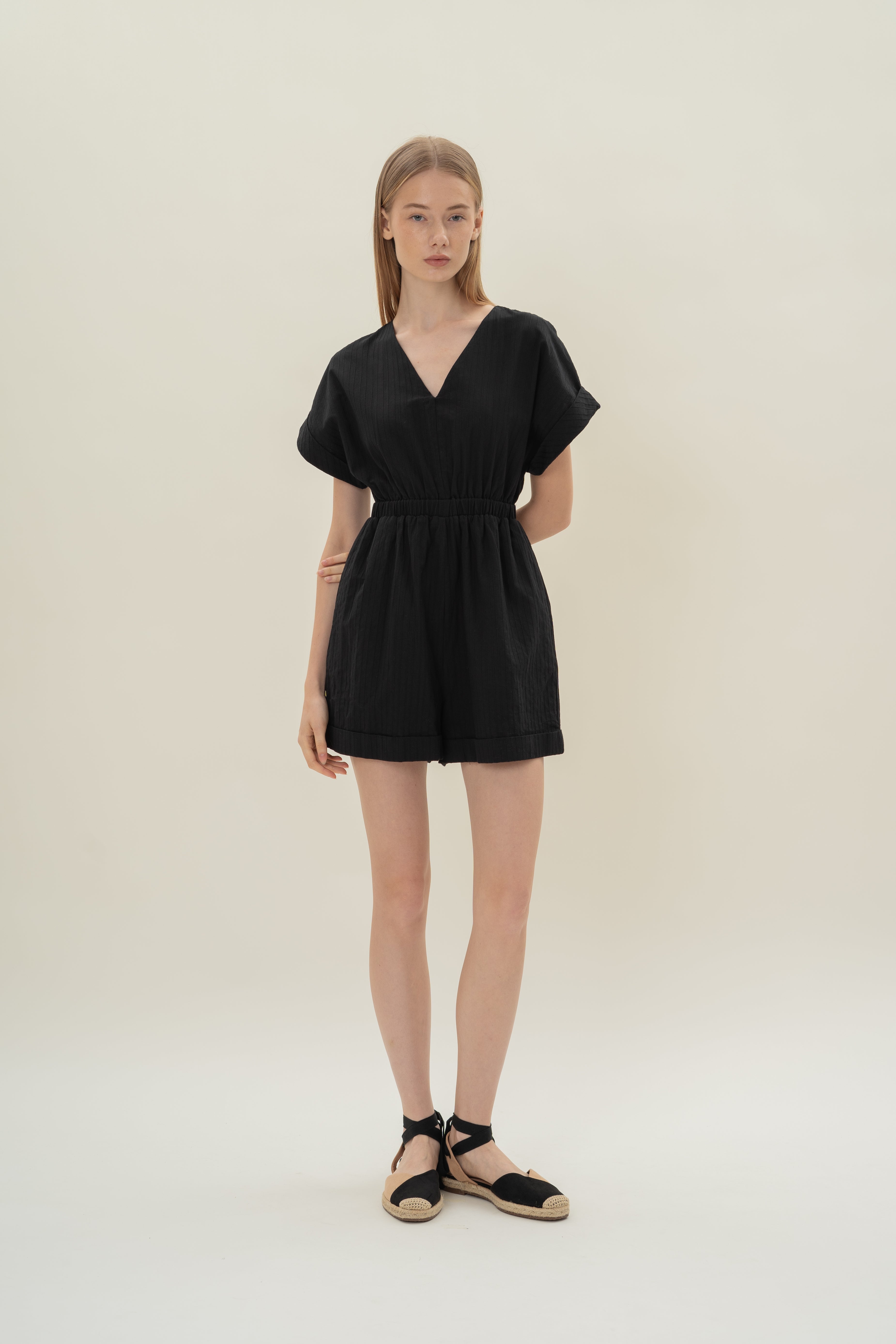 V Neck Relaxed Playsuit in Black Stripes