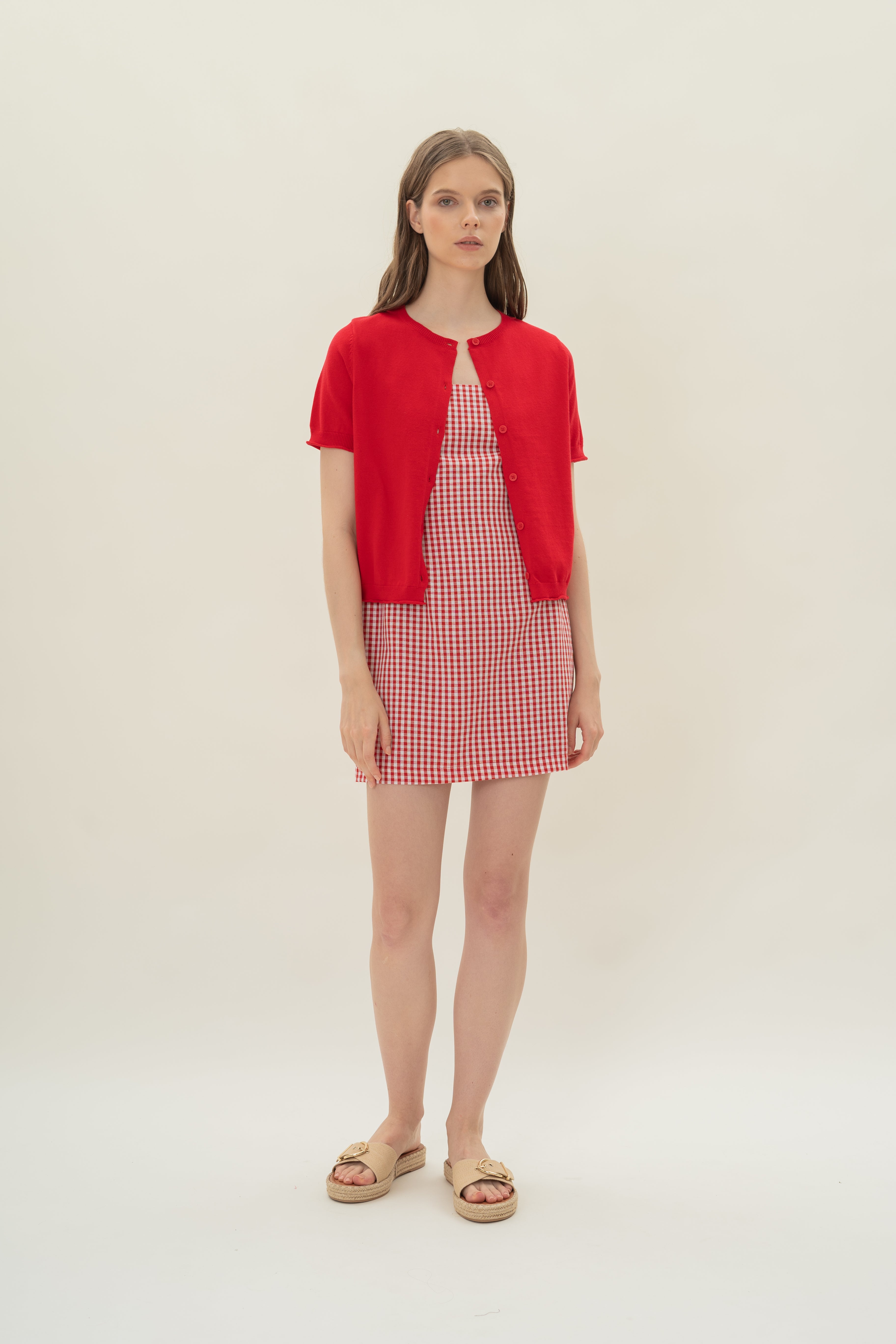 Short Sleeve Button Up Cardigan in Scarlet Red
