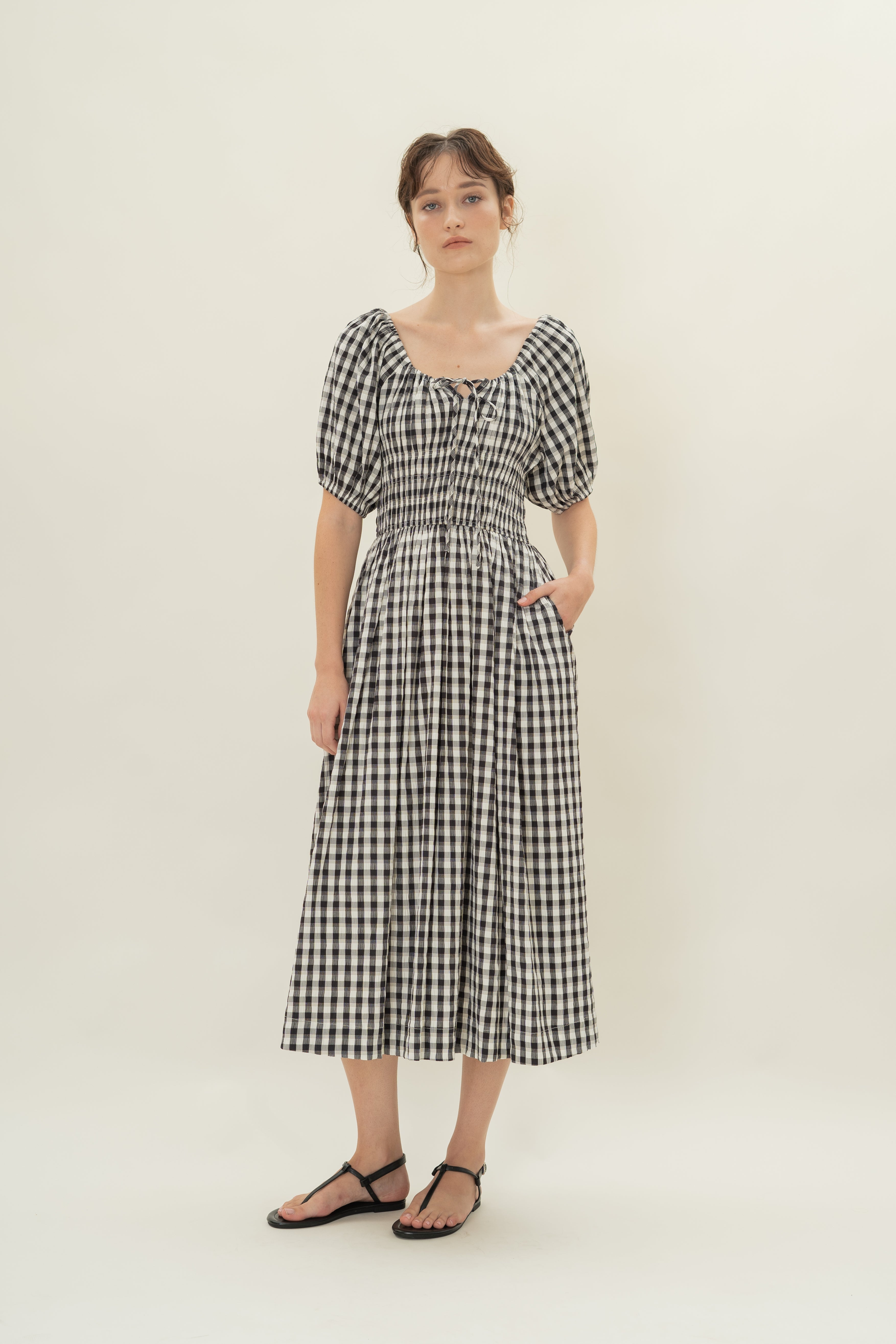 Shirred Waist Puff Sleeve Dress in Black Gingham
