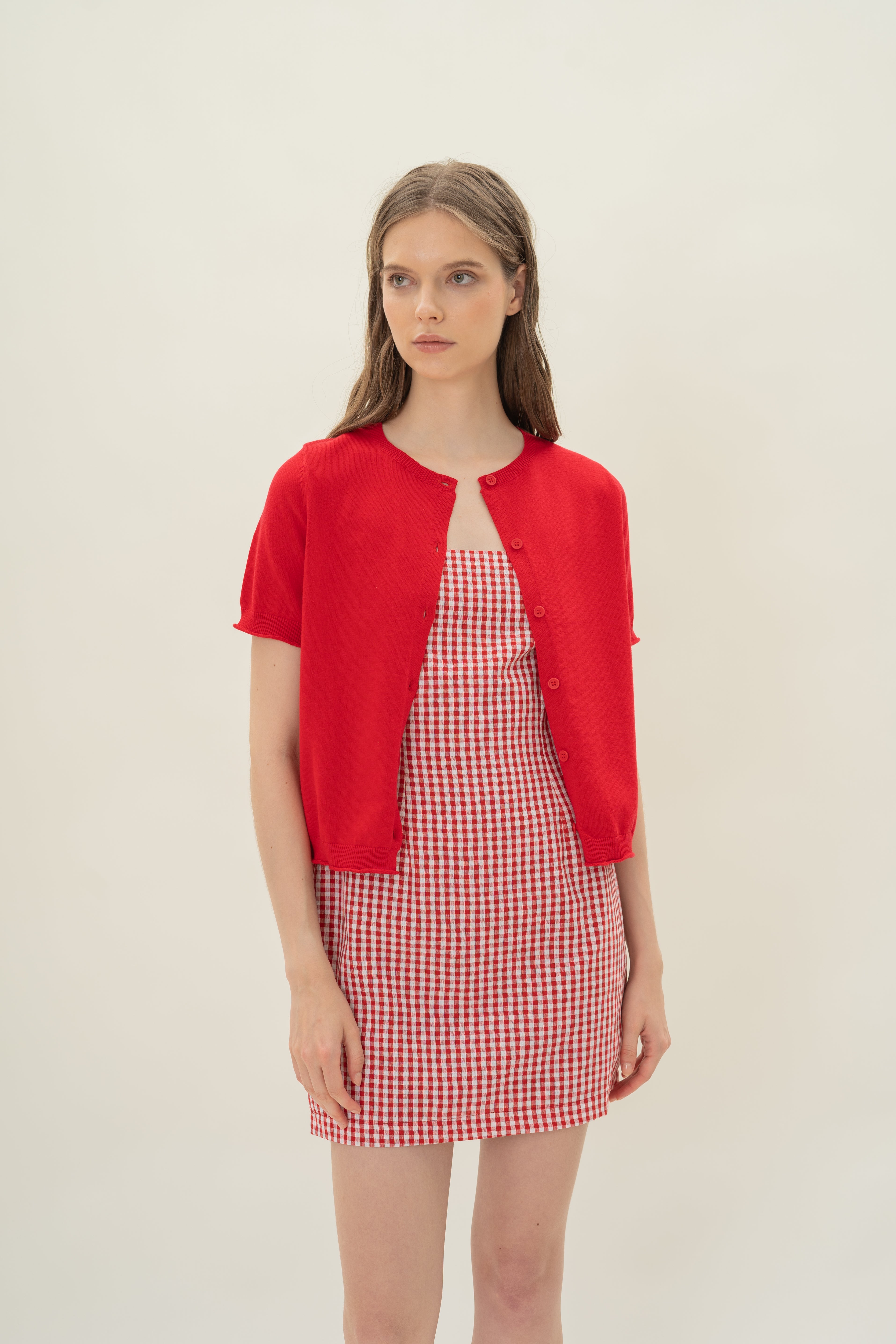 Short Sleeve Button Up Cardigan in Scarlet Red
